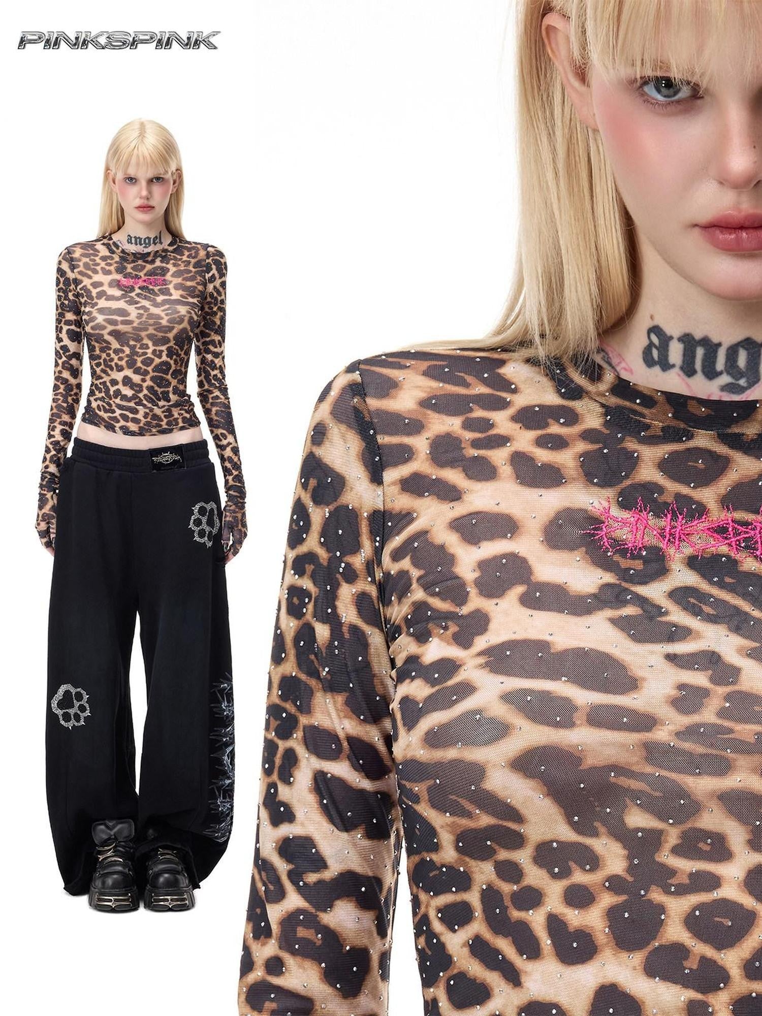 PINKSPINK Leopard Rhinestone Thorn Embroidered Sheer Women's Long Sleeve T-shirts