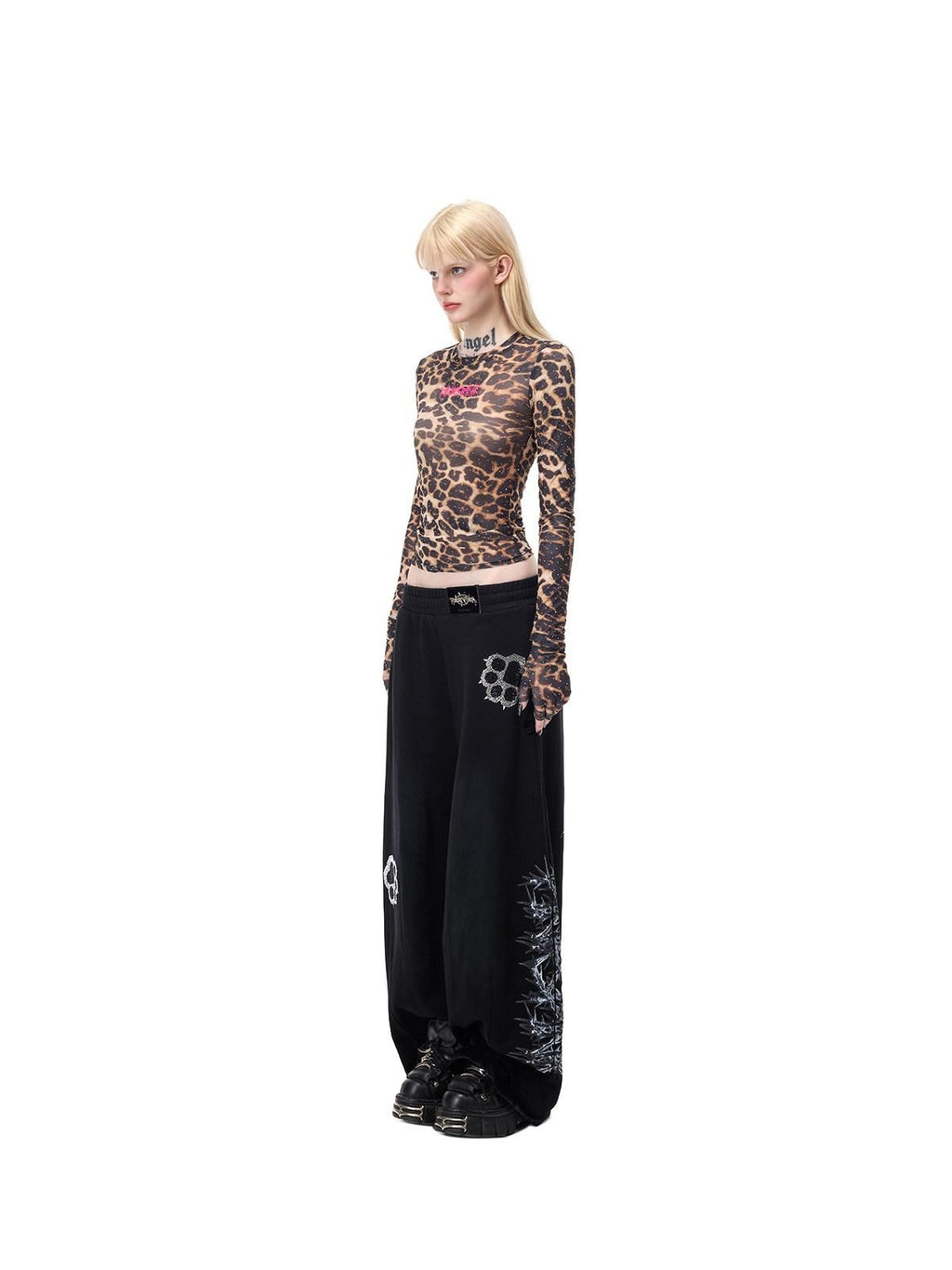 PINKSPINK Leopard Rhinestone Thorn Embroidered Sheer Women's Long Sleeve T-shirts