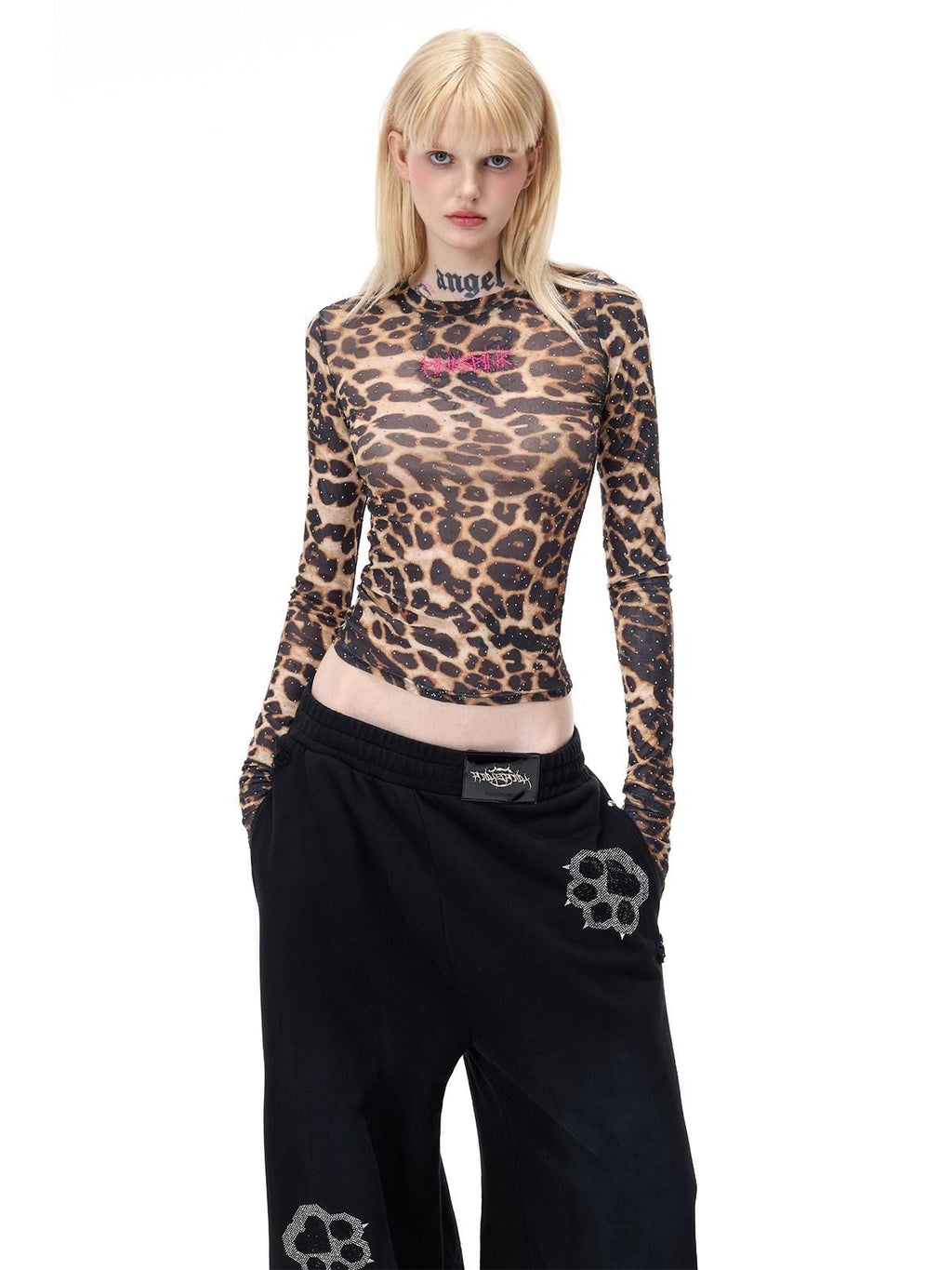 PINKSPINK Leopard Rhinestone Thorn Embroidered Sheer Women's Long Sleeve T-shirts