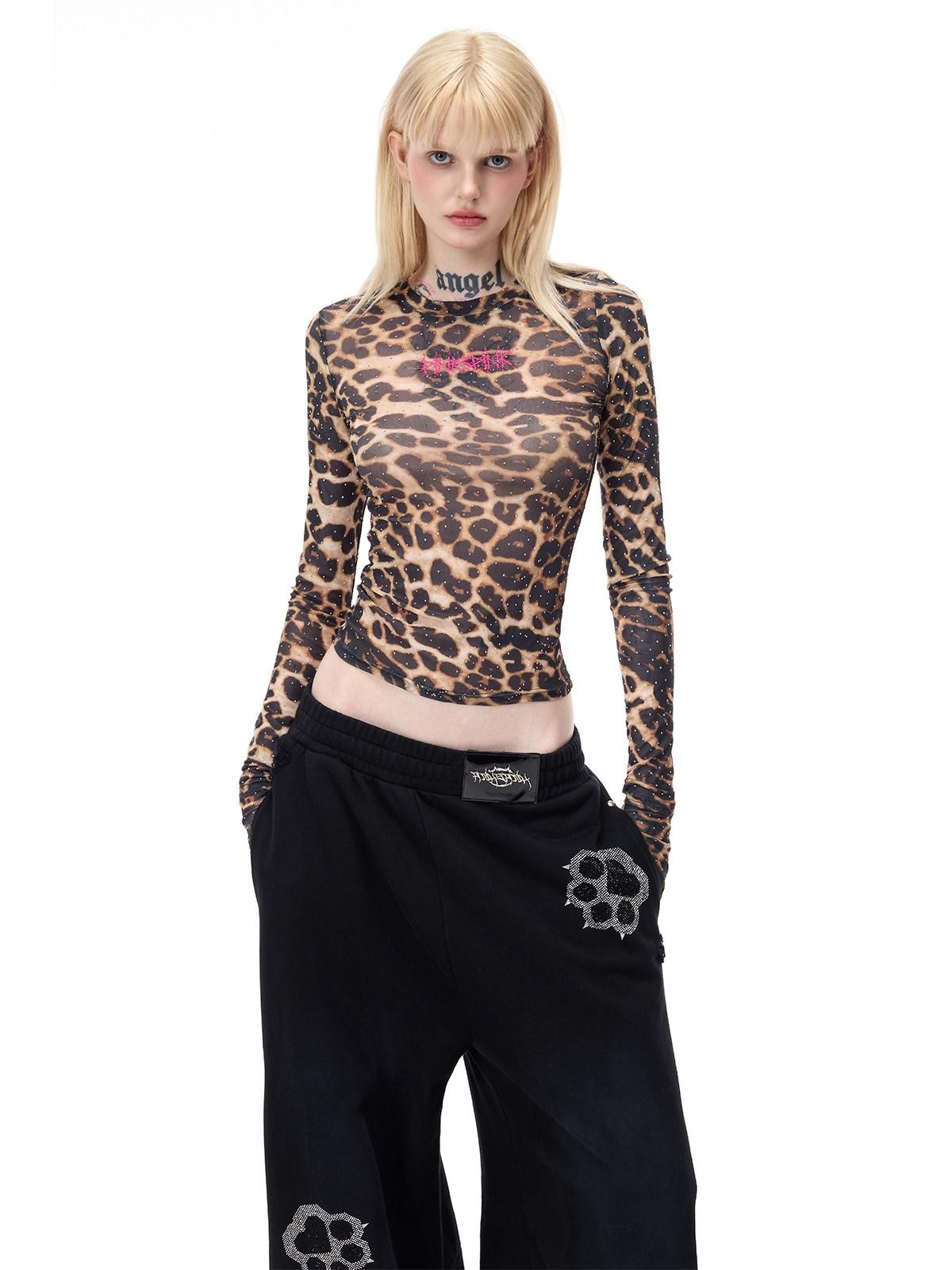 PINKSPINK Leopard Rhinestone Thorn Embroidered Sheer Women's Long Sleeve T-shirts