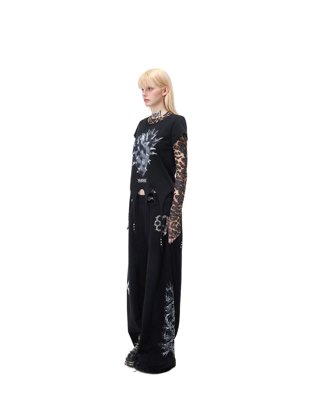 PINKSPINK Leopard Rhinestone Thorn Embroidered Sheer Women's Long Sleeve T-shirts