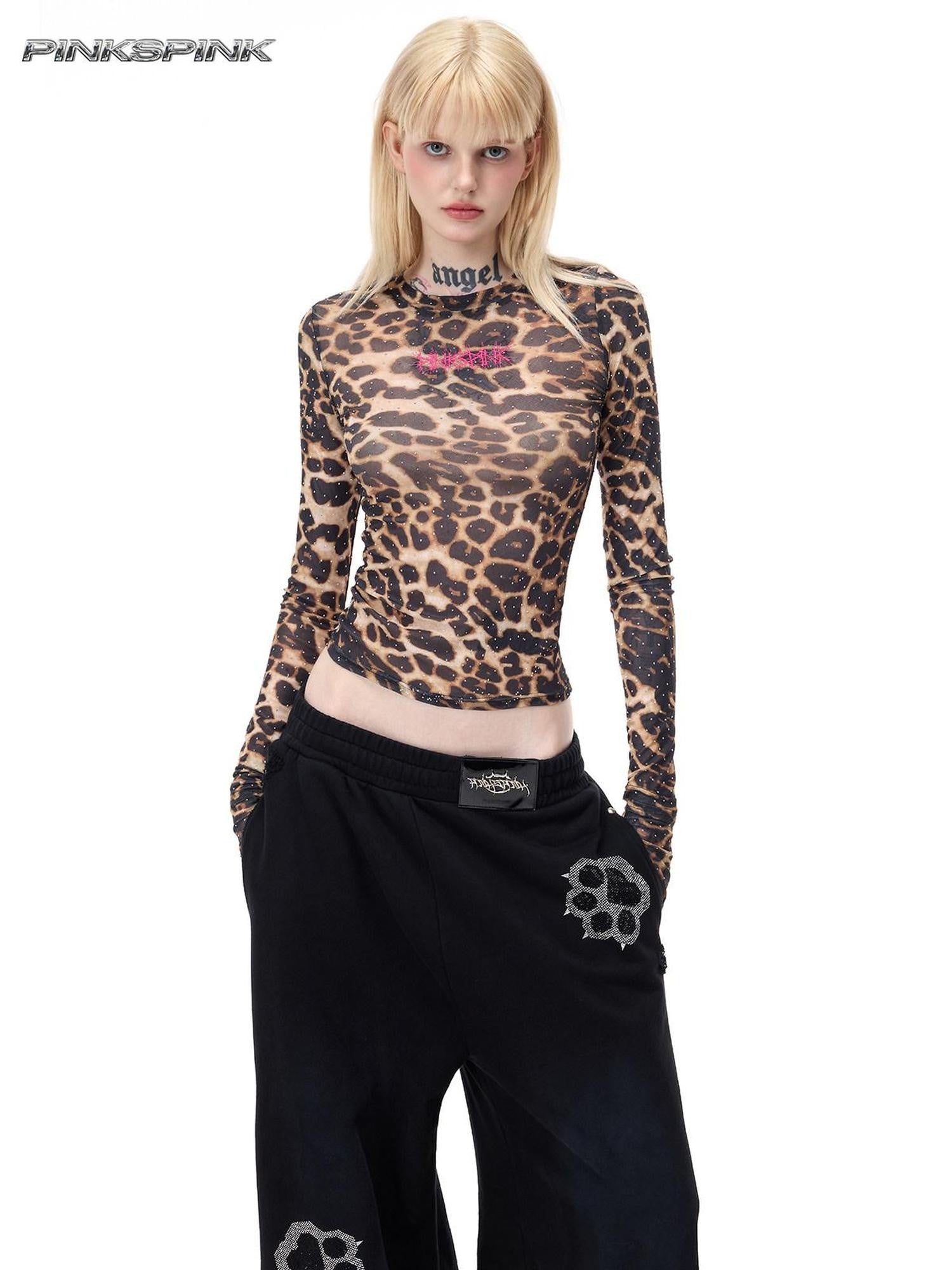 PINKSPINK Leopard Rhinestone Thorn Embroidered Sheer Women's Long Sleeve T-shirts