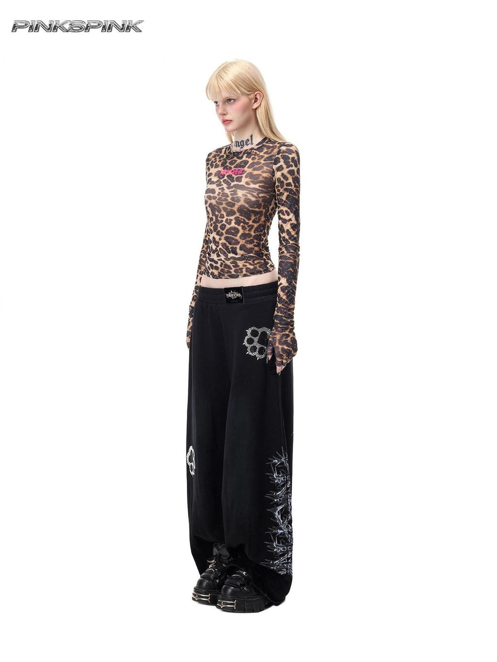 PINKSPINK Leopard Rhinestone Thorn Embroidered Sheer Women's Long Sleeve T-shirts