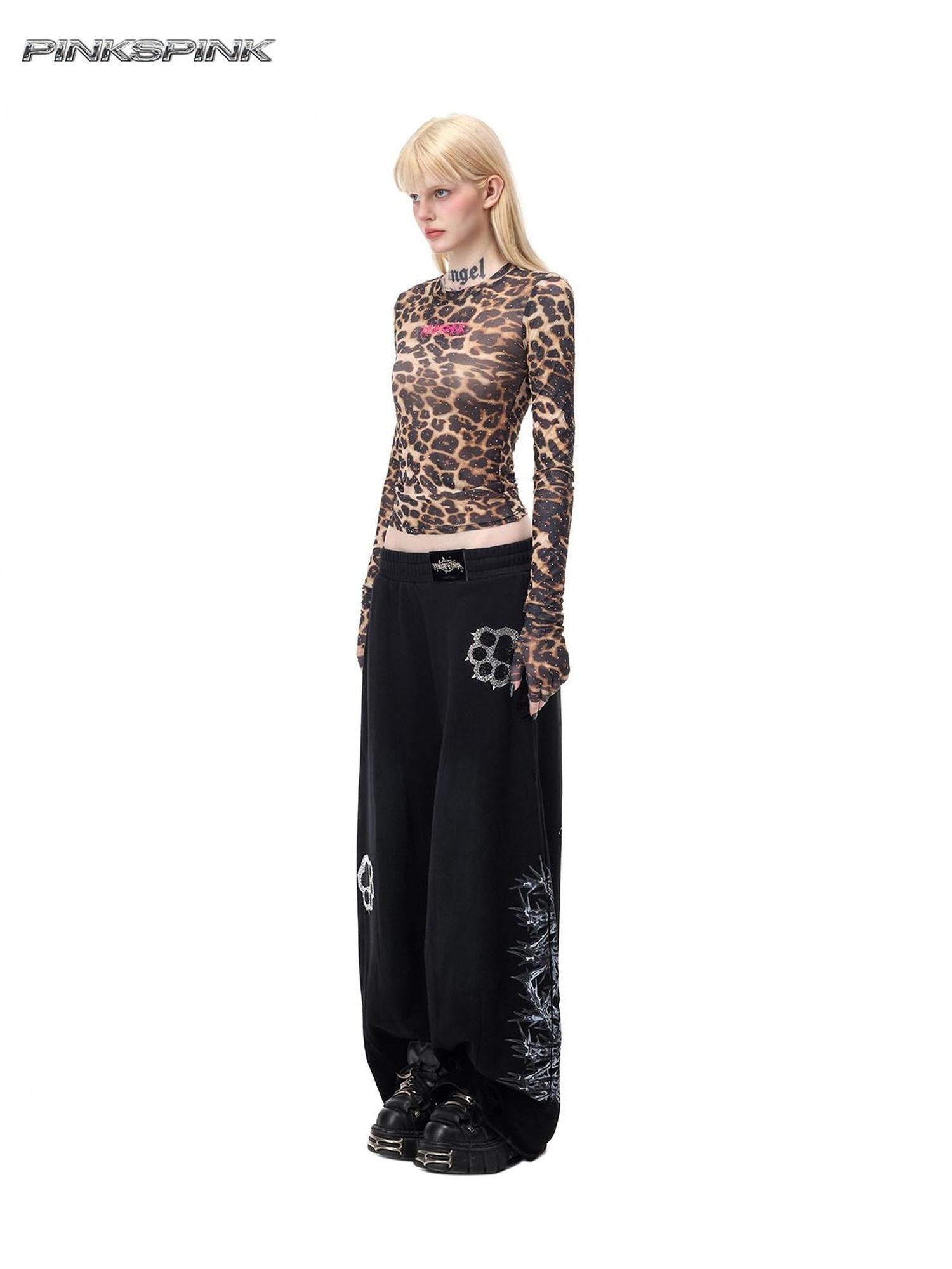PINKSPINK Leopard Rhinestone Thorn Embroidered Sheer Women's Long Sleeve T-shirts