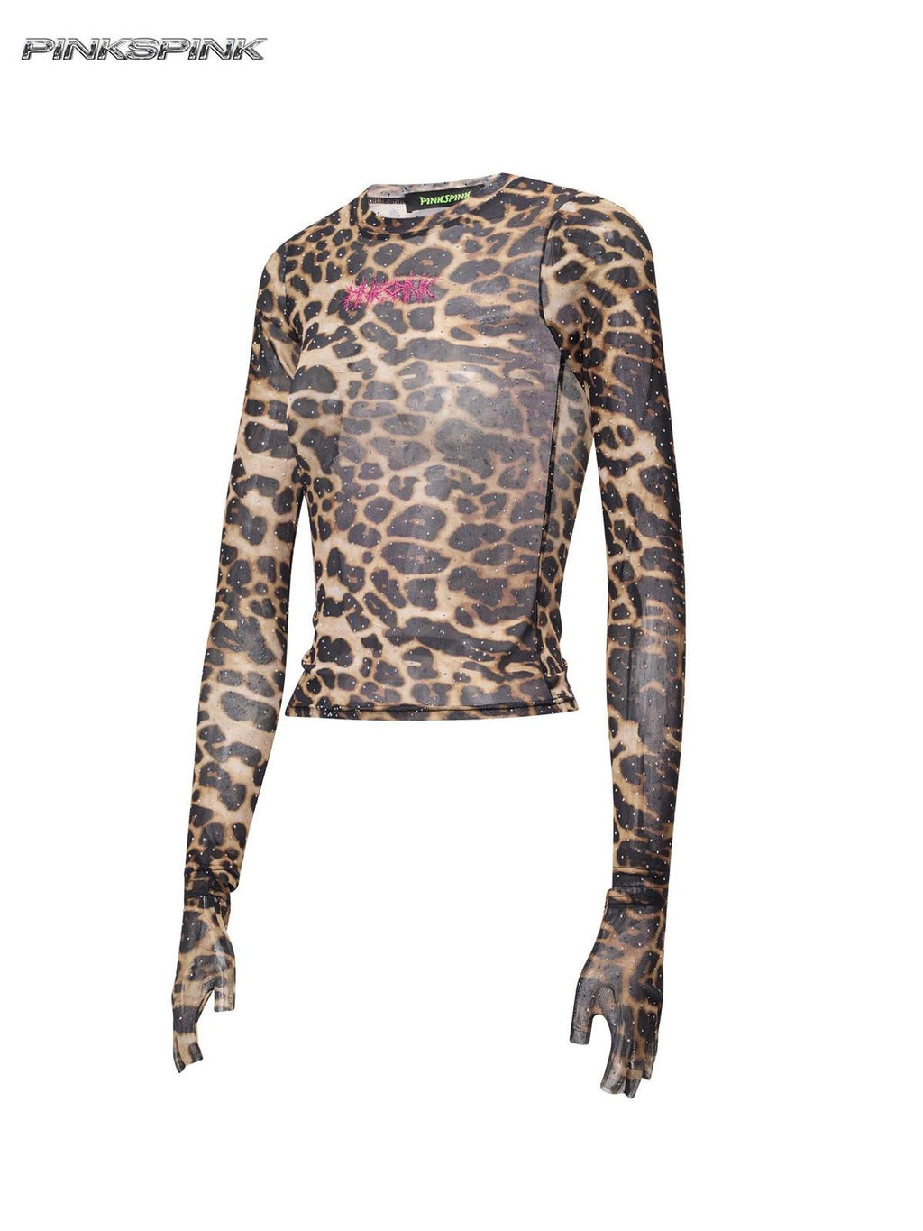 PINKSPINK Leopard Rhinestone Thorn Embroidered Sheer Women's Long Sleeve T-shirts