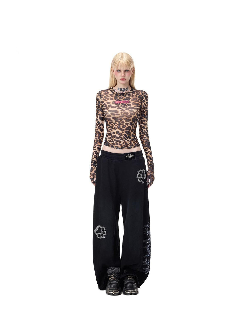 PINKSPINK Leopard Rhinestone Thorn Embroidered Sheer Women's Long Sleeve T-shirts
