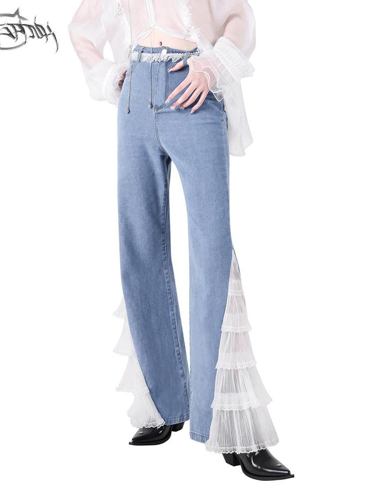 PINKSPINK Light Wash Structured Lace Trim High Waist Women's Denim Flare Jeans