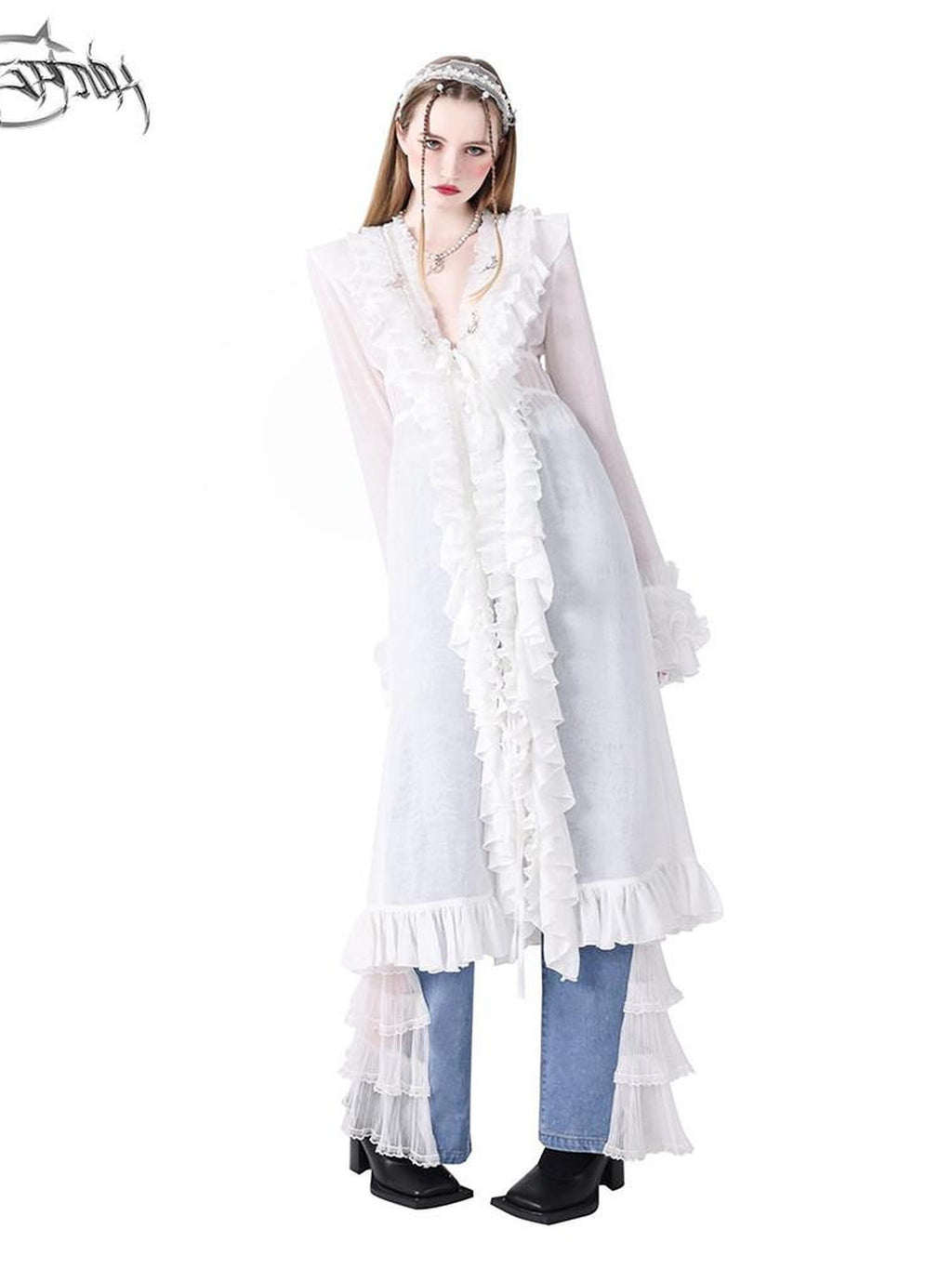 PINKSPINK Light Wash Structured Lace Trim High Waist Women's Denim Flare Jeans