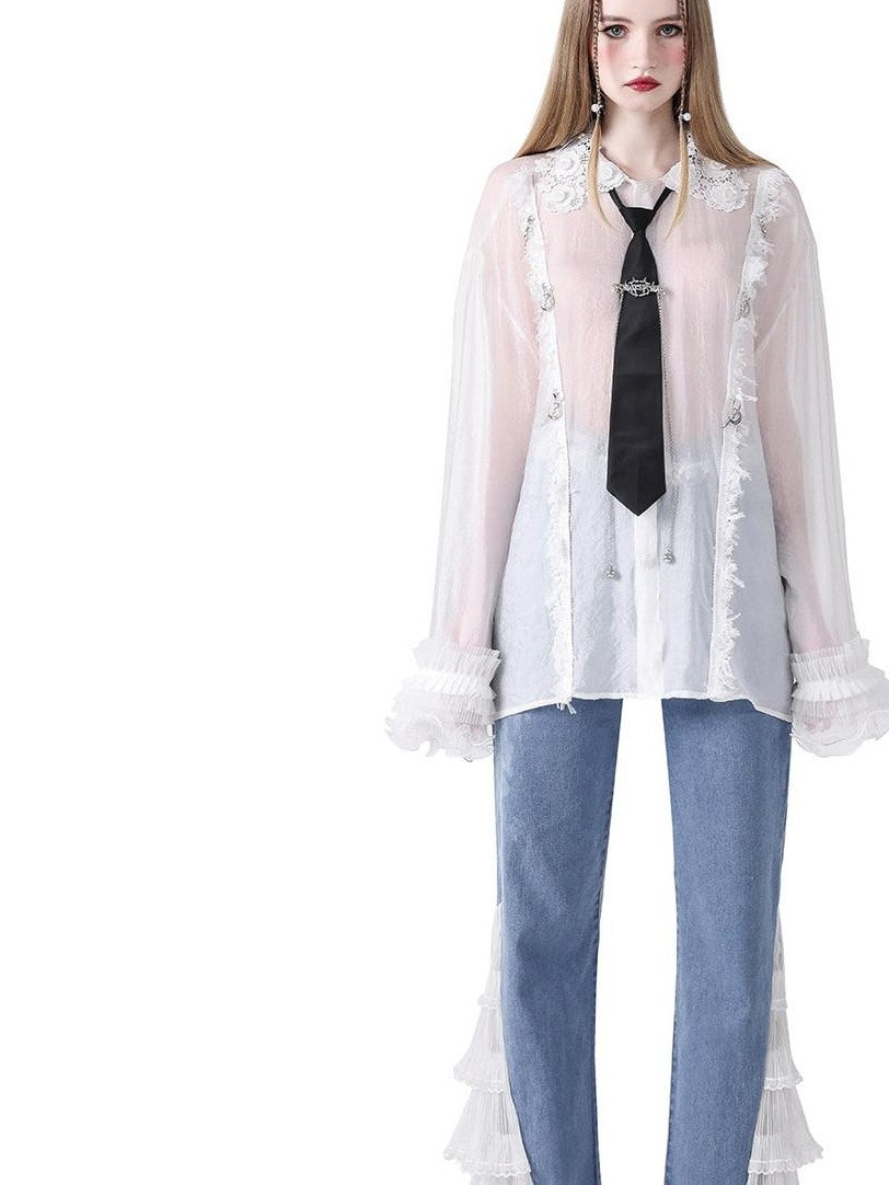 PINKSPINK Light Wash Structured Lace Trim High Waist Women's Denim Flare Jeans