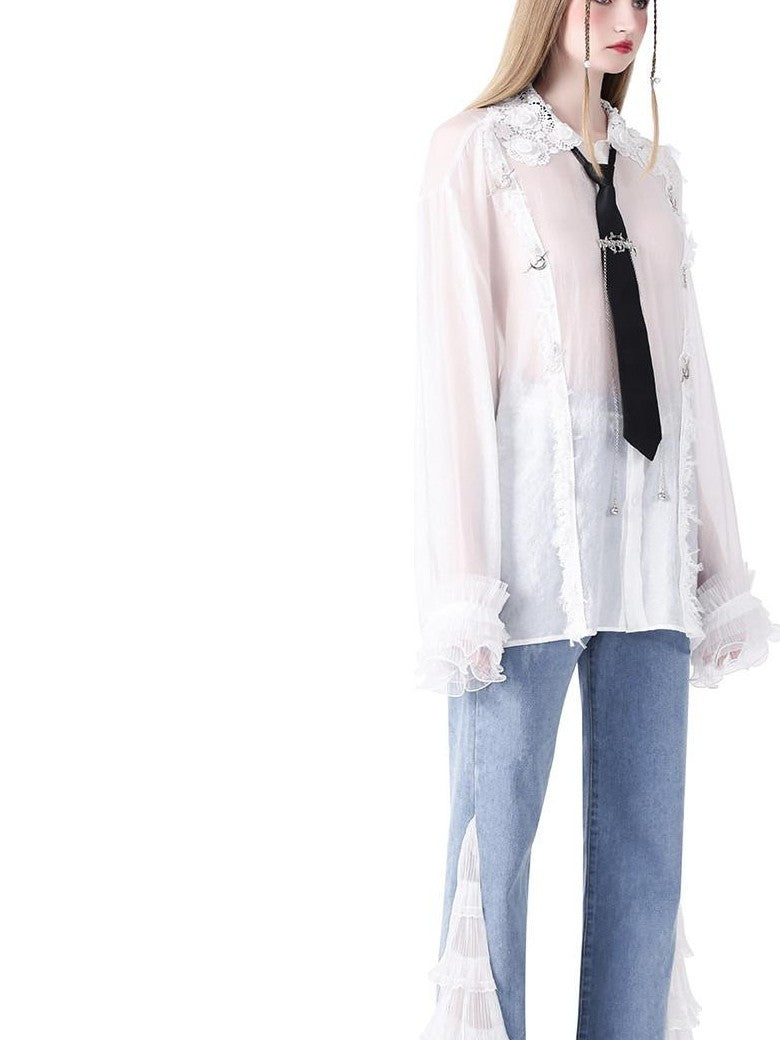 PINKSPINK Light Wash Structured Lace Trim High Waist Women's Denim Flare Jeans