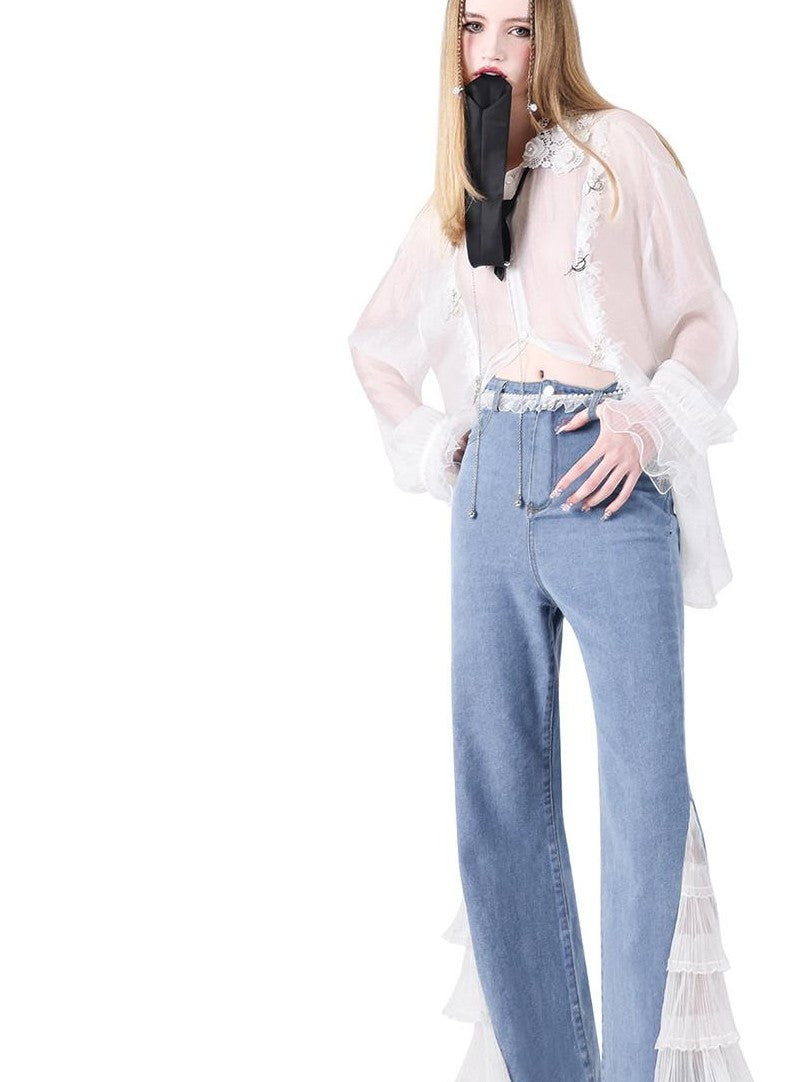 PINKSPINK Light Wash Structured Lace Trim High Waist Women's Denim Flare Jeans