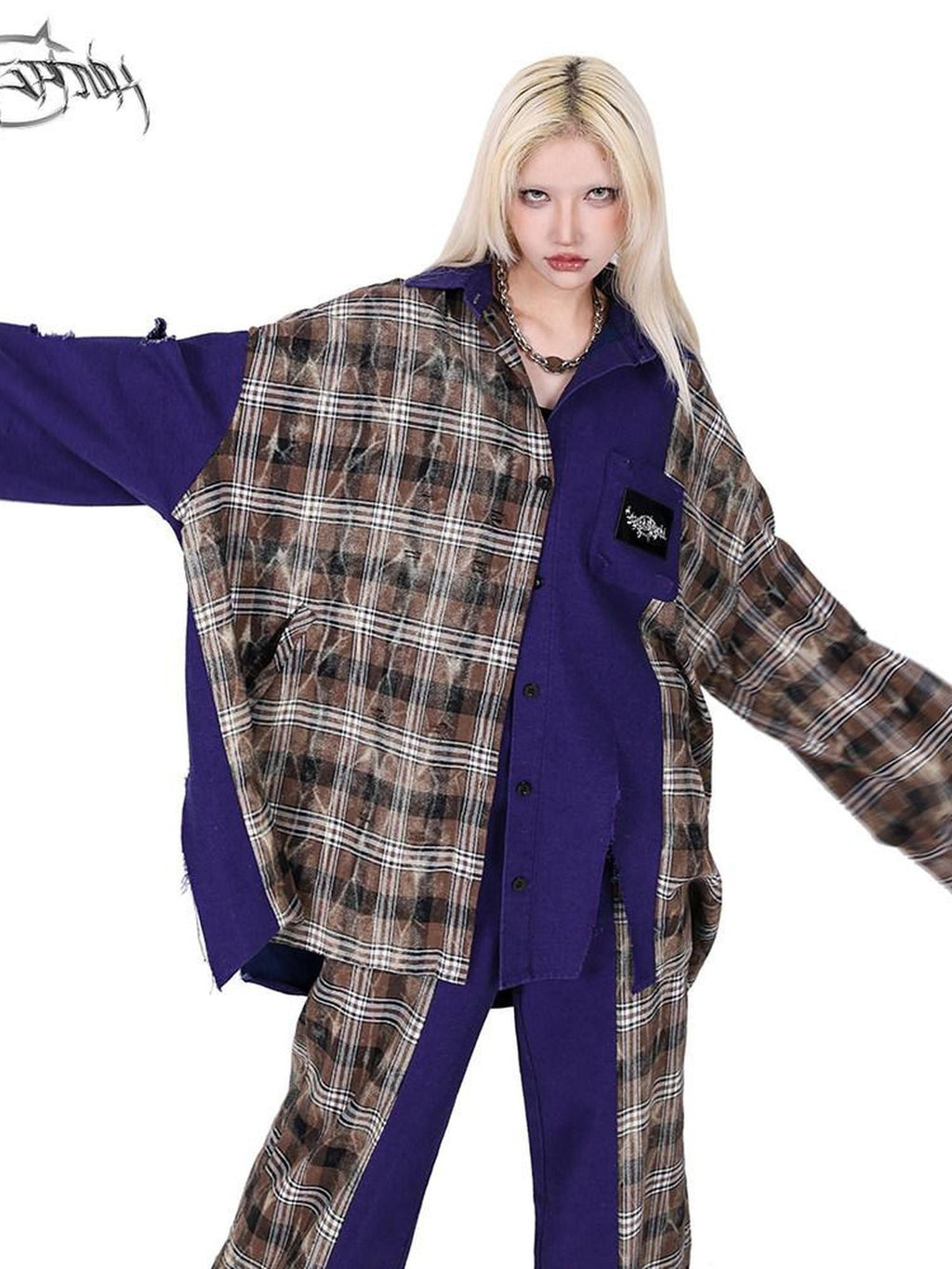 PINKSPINK Lilac Patchwork Tie Dye Plaid Distressed Polo Women's Oversized Shirts