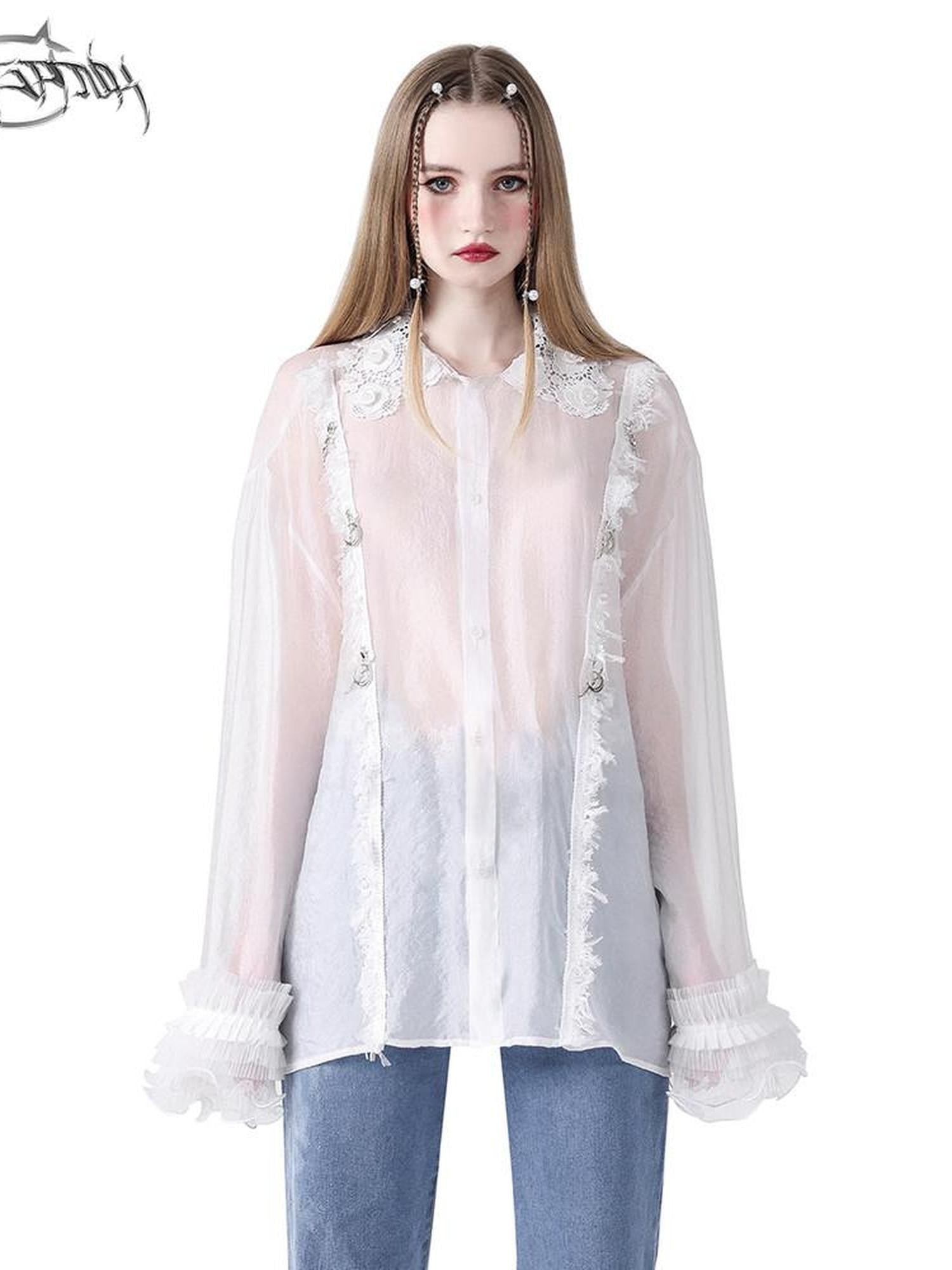 PINKSPINK Loose Pearl Lace Check Hand Distressed Polo Button Women's Silk Sheer Shirts