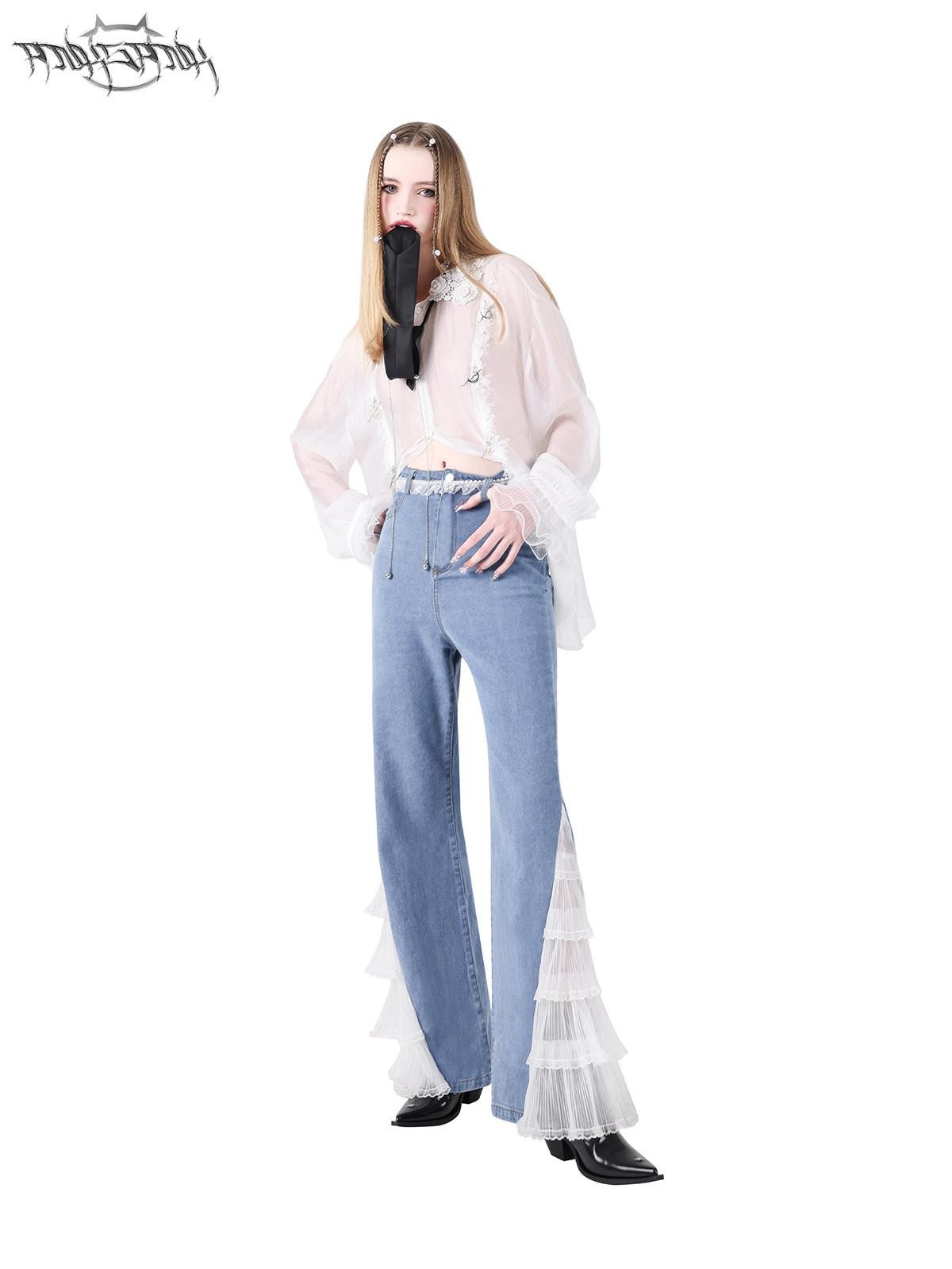 PINKSPINK Loose Pearl Lace Check Hand Distressed Polo Button Women's Silk Sheer Shirts