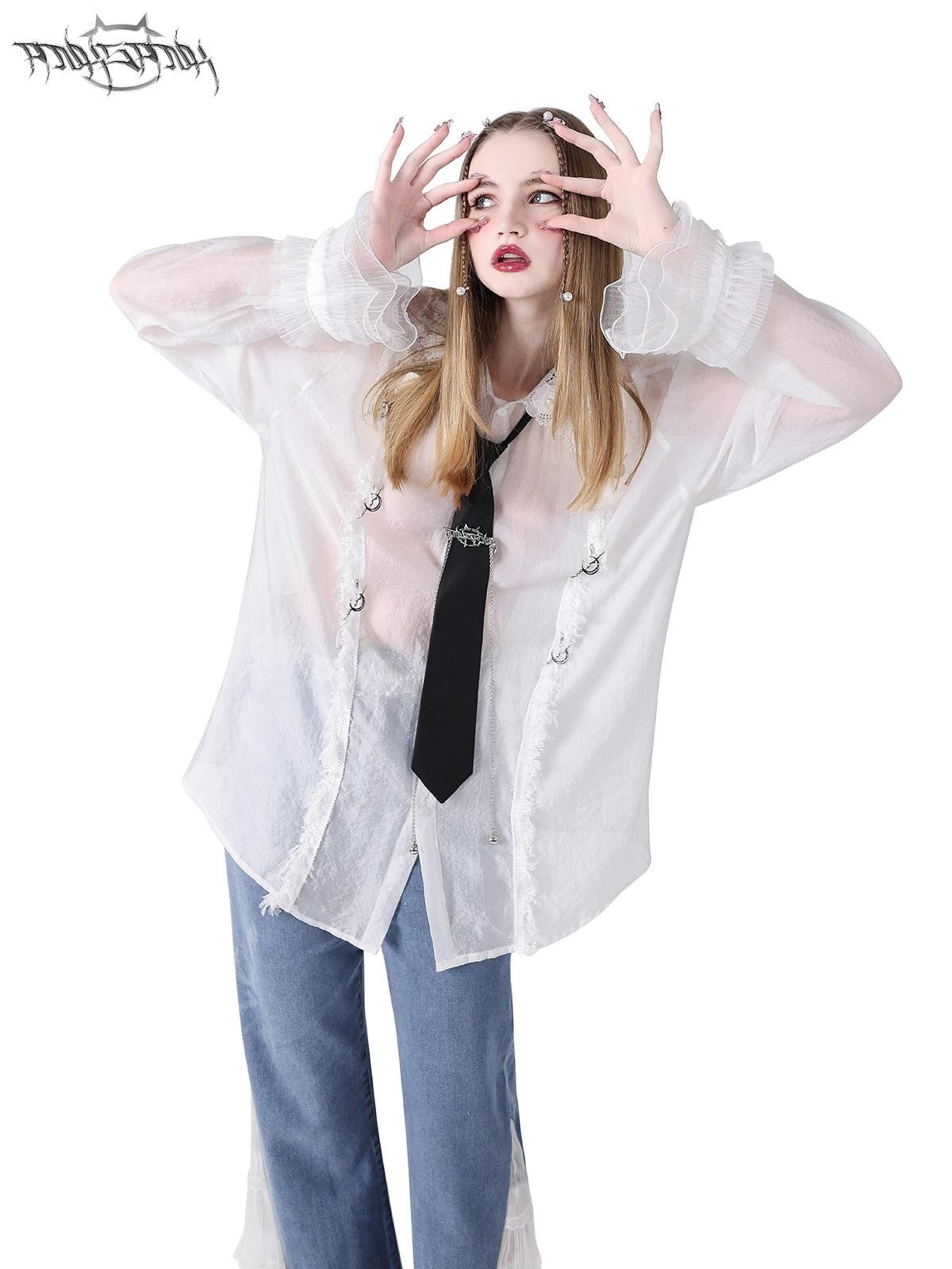 PINKSPINK Loose Pearl Lace Check Hand Distressed Polo Button Women's Silk Sheer Shirts