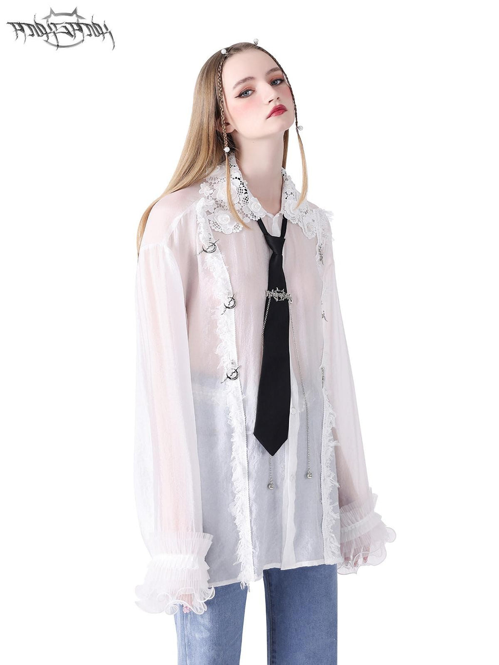 PINKSPINK Loose Pearl Lace Check Hand Distressed Polo Button Women's Silk Sheer Shirts