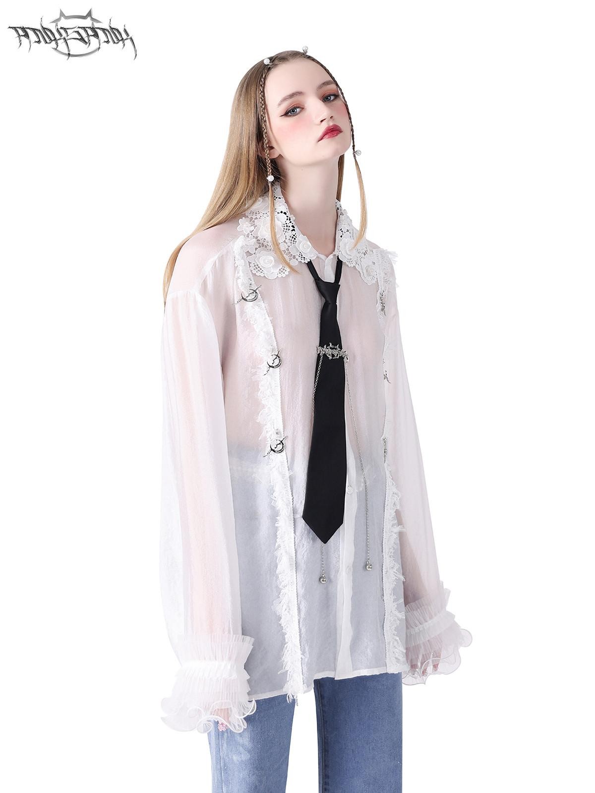 PINKSPINK Loose Pearl Lace Check Hand Distressed Polo Button Women's Silk Sheer Shirts