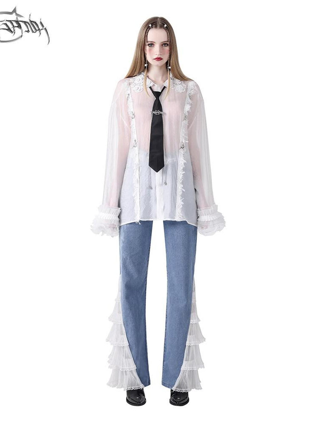 PINKSPINK Loose Pearl Lace Check Hand Distressed Polo Button Women's Silk Sheer Shirts
