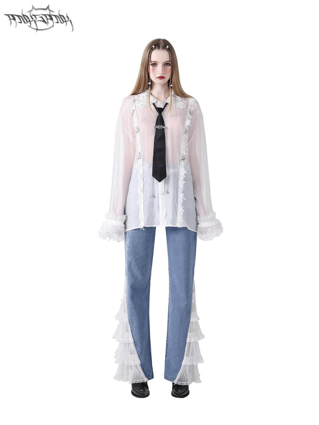 PINKSPINK Loose Pearl Lace Check Hand Distressed Polo Button Women's Silk Sheer Shirts