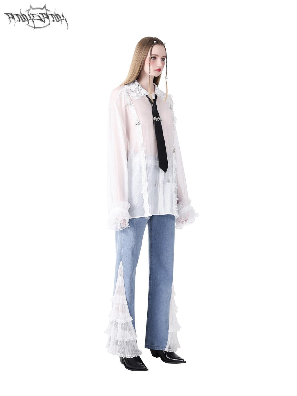 PINKSPINK Loose Pearl Lace Check Hand Distressed Polo Button Women's Silk Sheer Shirts
