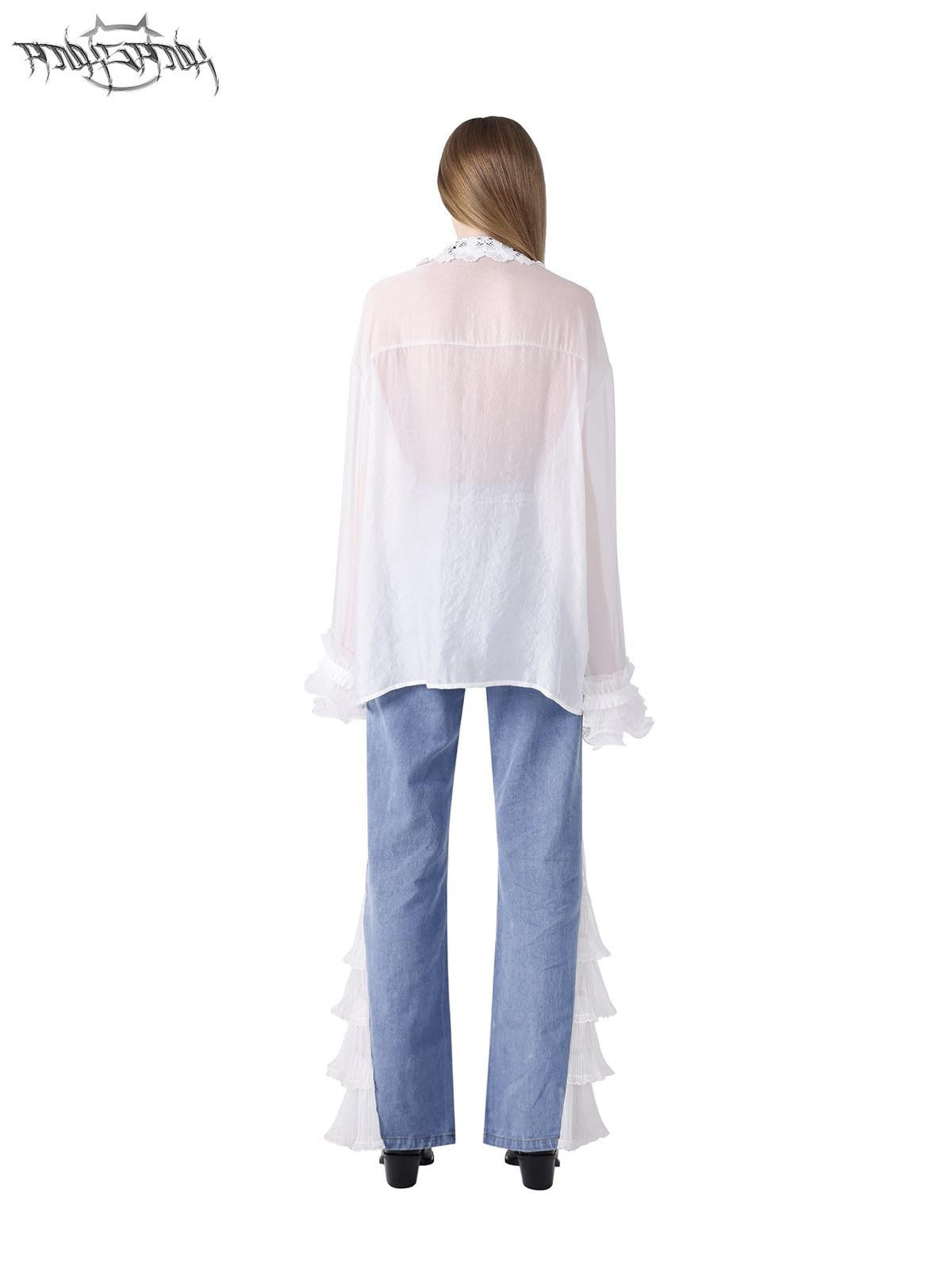 PINKSPINK Loose Pearl Lace Check Hand Distressed Polo Button Women's Silk Sheer Shirts