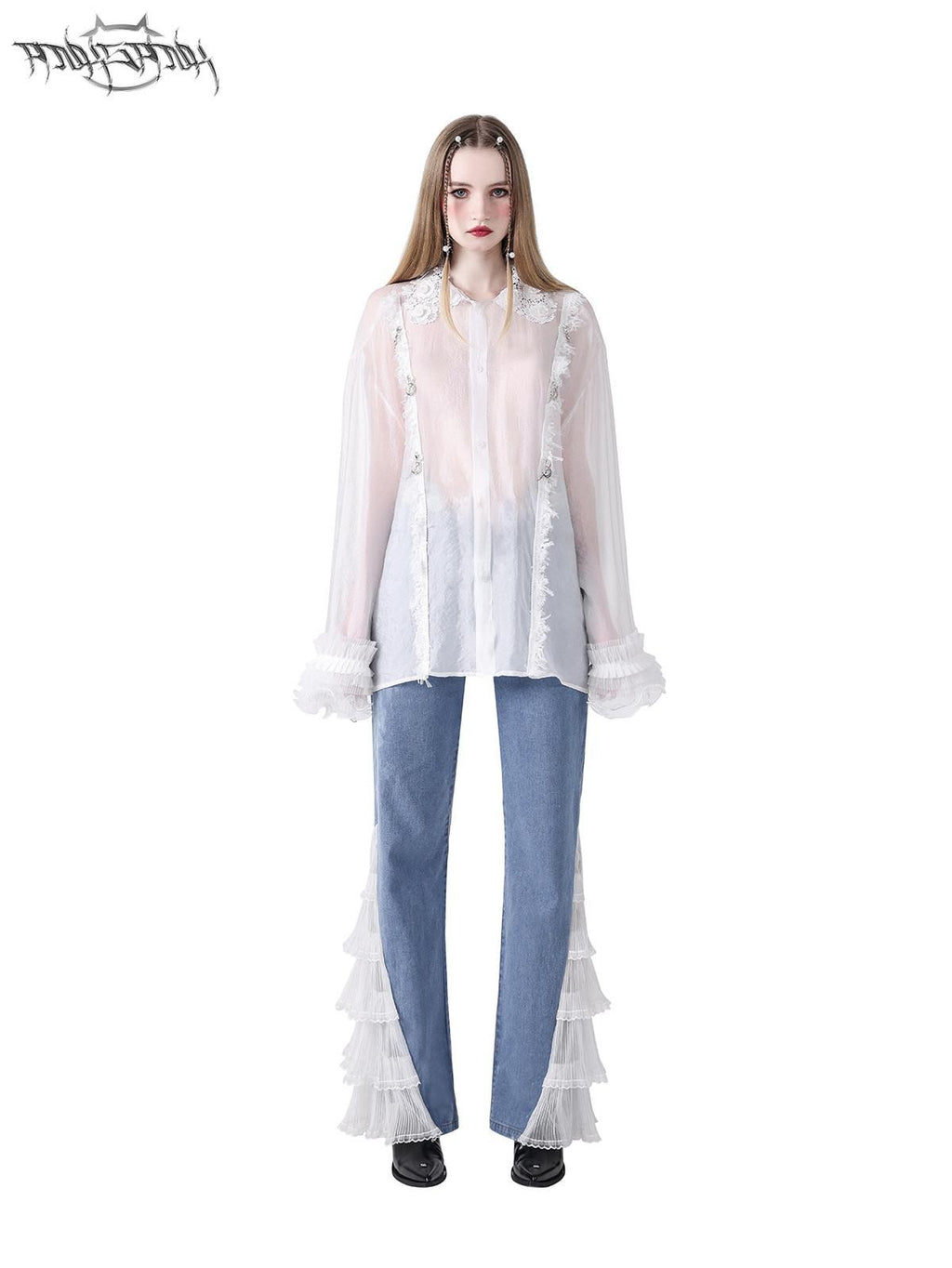 PINKSPINK Loose Pearl Lace Check Hand Distressed Polo Button Women's Silk Sheer Shirts