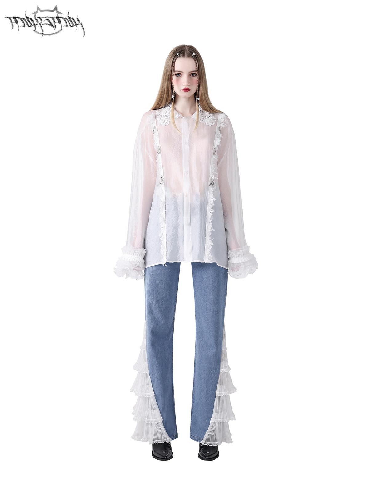 PINKSPINK Loose Pearl Lace Check Hand Distressed Polo Button Women's Silk Sheer Shirts