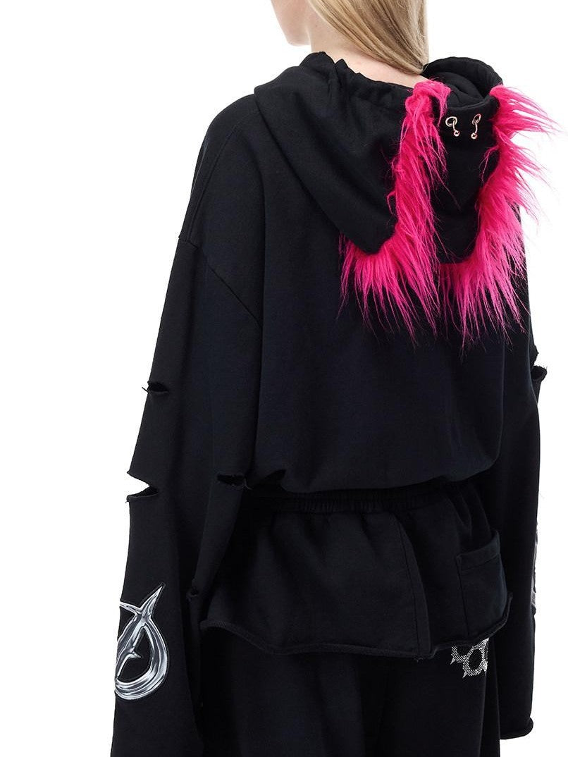 PINKSPINK Mohawk Studded Lettered Hand Distressed Washed Oversized Women's Zip-up Hoodies