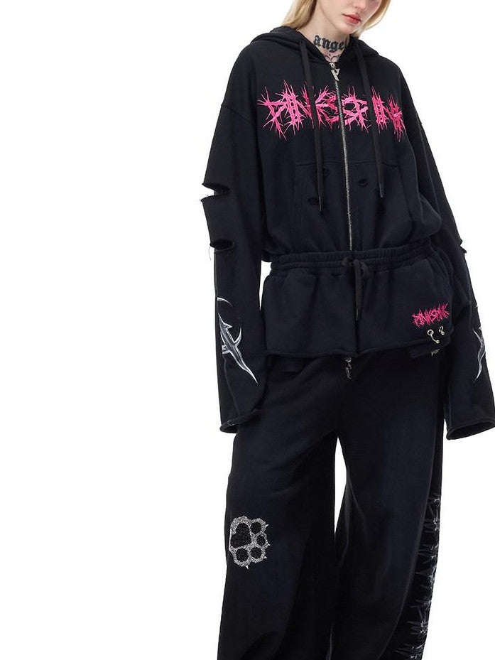 PINKSPINK Mohawk Studded Lettered Hand Distressed Washed Oversized Women's Zip-up Hoodies