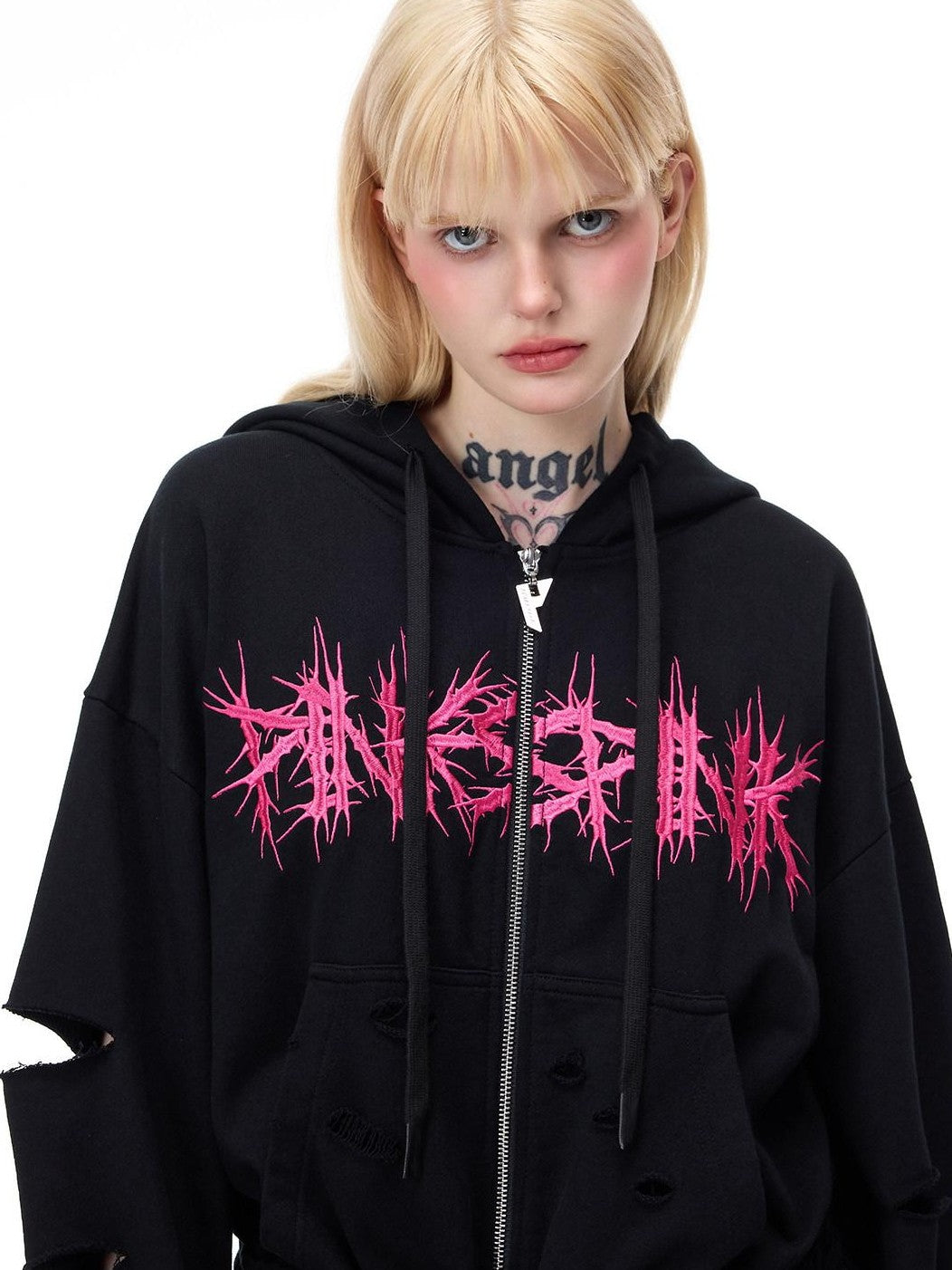 PINKSPINK Mohawk Studded Lettered Hand Distressed Washed Oversized Women's Zip-up Hoodies