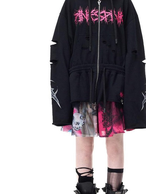 PINKSPINK Mohawk Studded Lettered Hand Distressed Washed Oversized Women's Zip-up Hoodies