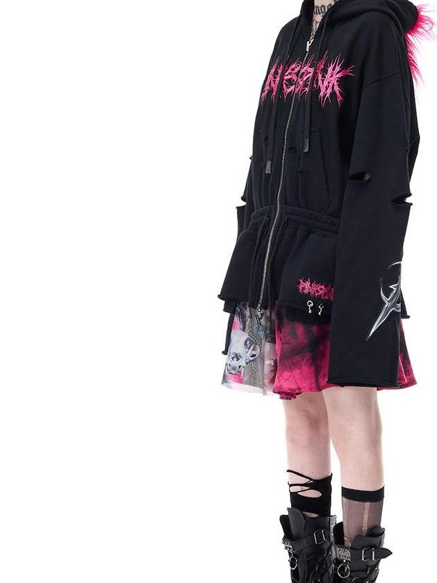 PINKSPINK Mohawk Studded Lettered Hand Distressed Washed Oversized Women's Zip-up Hoodies