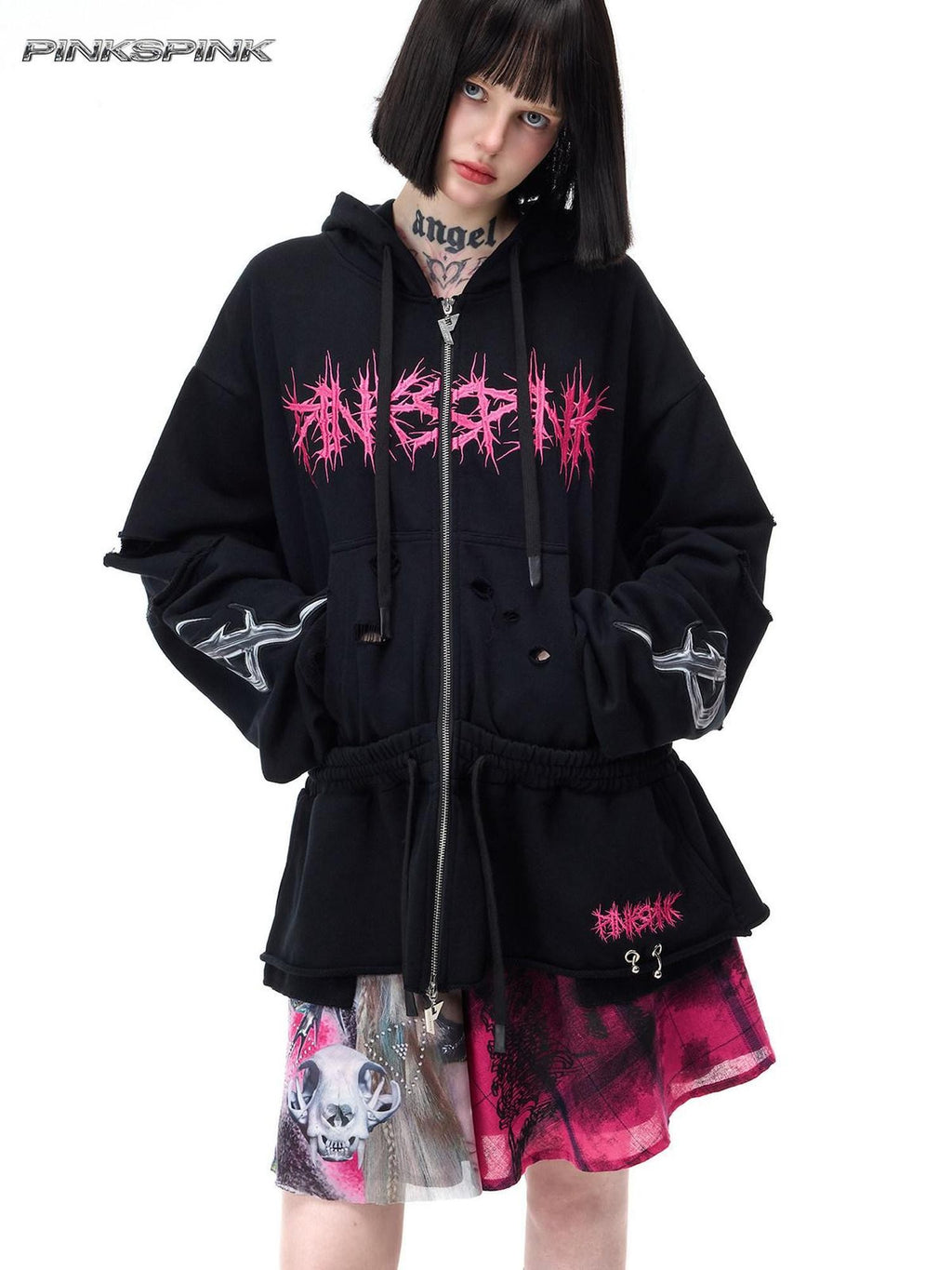 PINKSPINK Mohawk Studded Lettered Hand Distressed Washed Oversized Women's Zip-up Hoodies