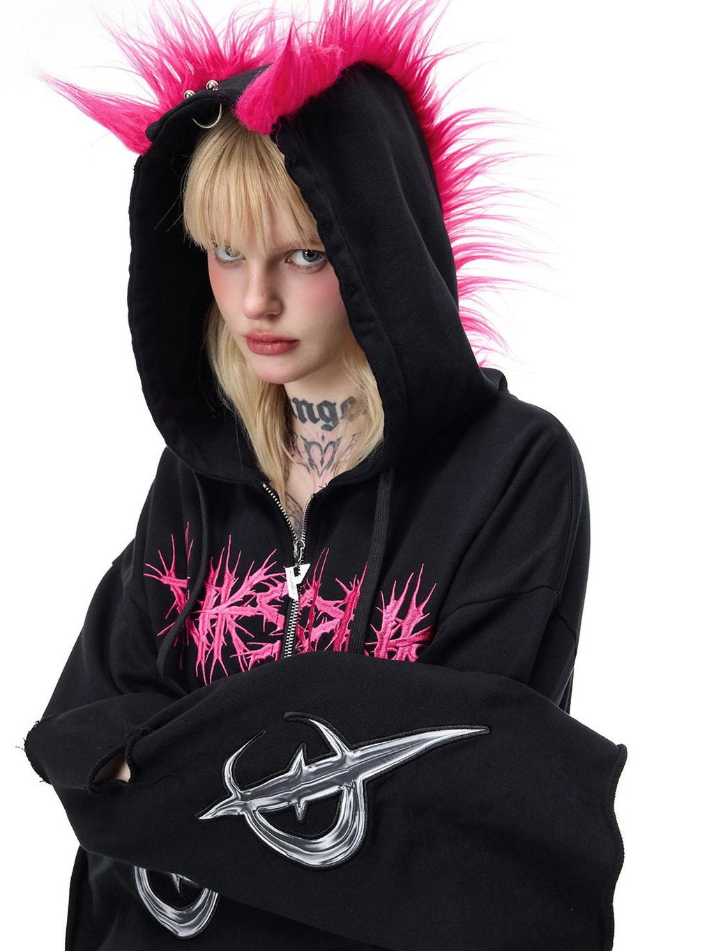 PINKSPINK Mohawk Studded Lettered Hand Distressed Washed Oversized Women's Zip-up Hoodies