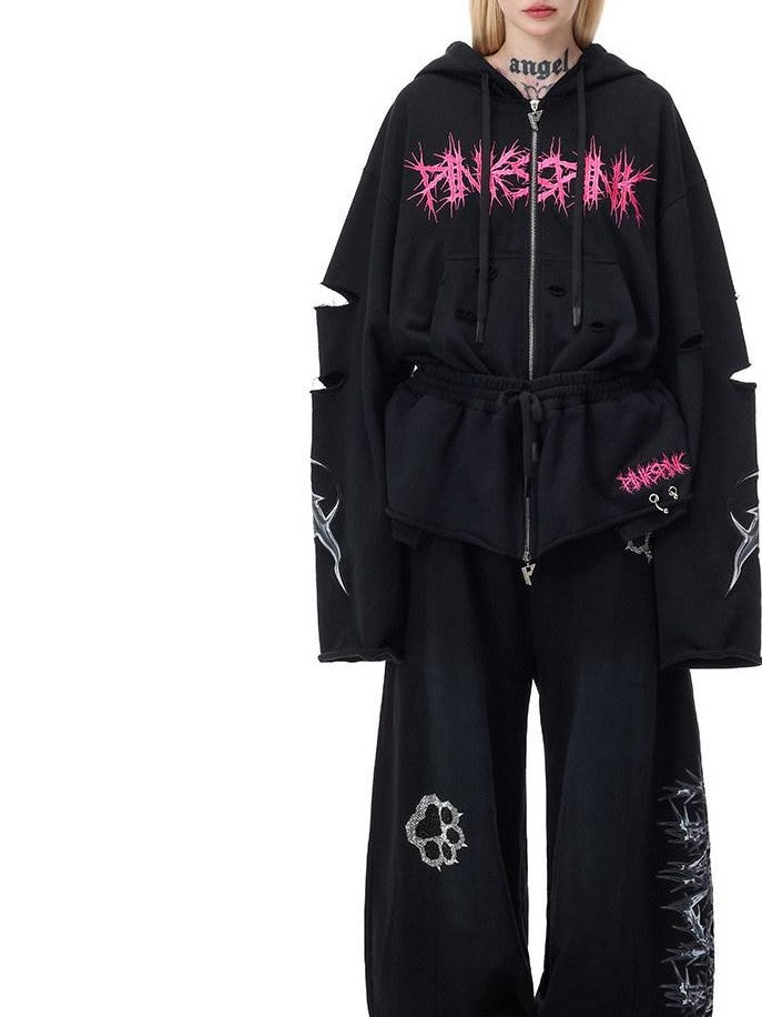 PINKSPINK Mohawk Studded Lettered Hand Distressed Washed Oversized Women's Zip-up Hoodies