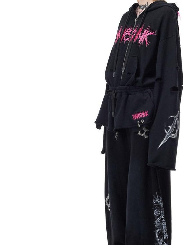 PINKSPINK Mohawk Studded Lettered Hand Distressed Washed Oversized Women's Zip-up Hoodies