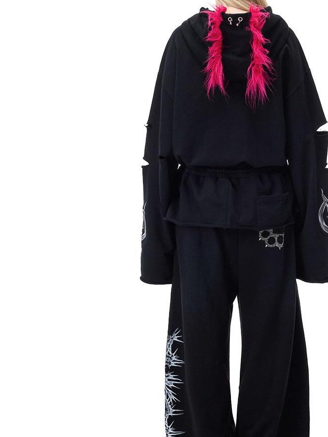 PINKSPINK Mohawk Studded Lettered Hand Distressed Washed Oversized Women's Zip-up Hoodies