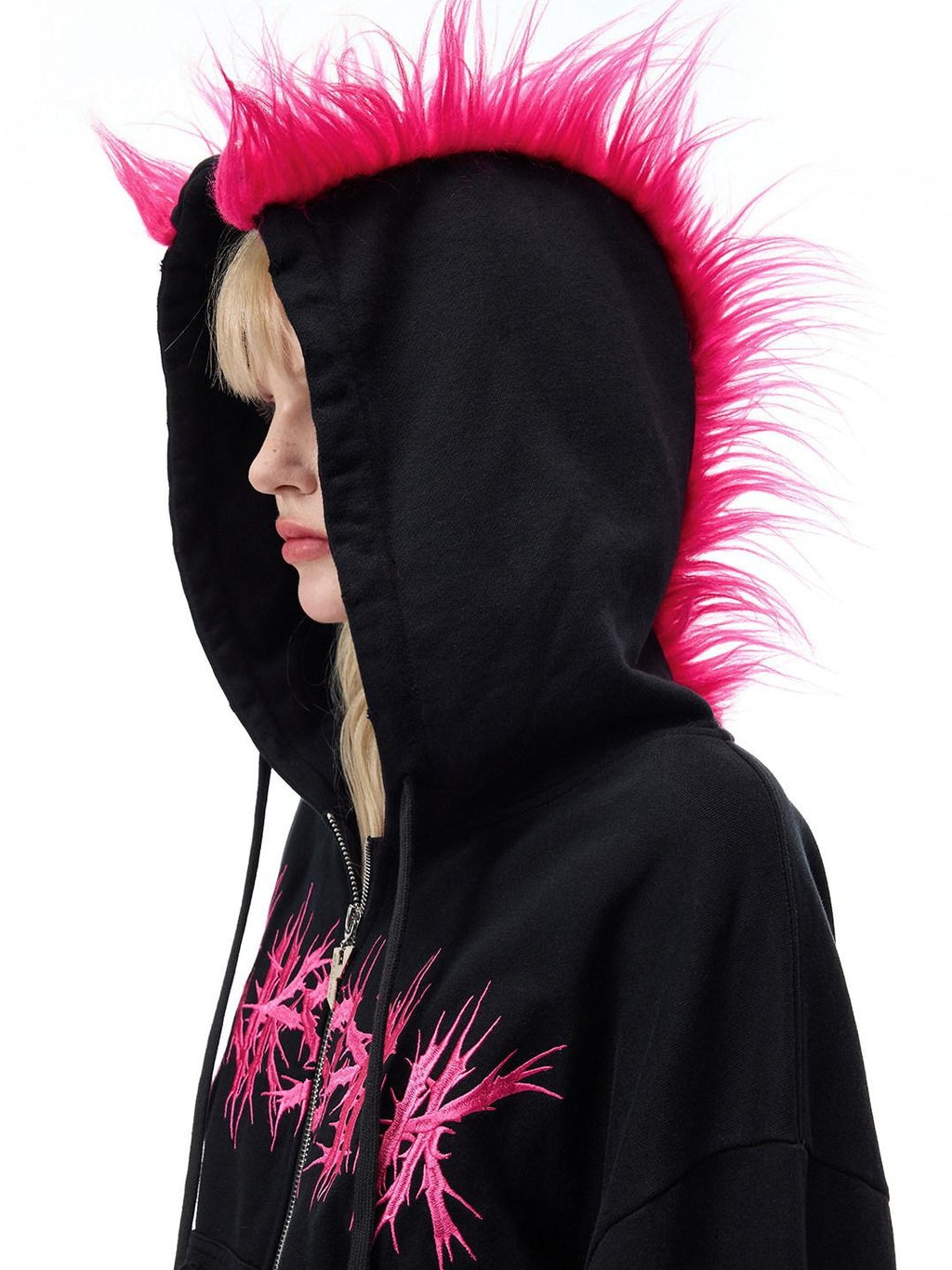 PINKSPINK Mohawk Studded Lettered Hand Distressed Washed Oversized Women's Zip-up Hoodies