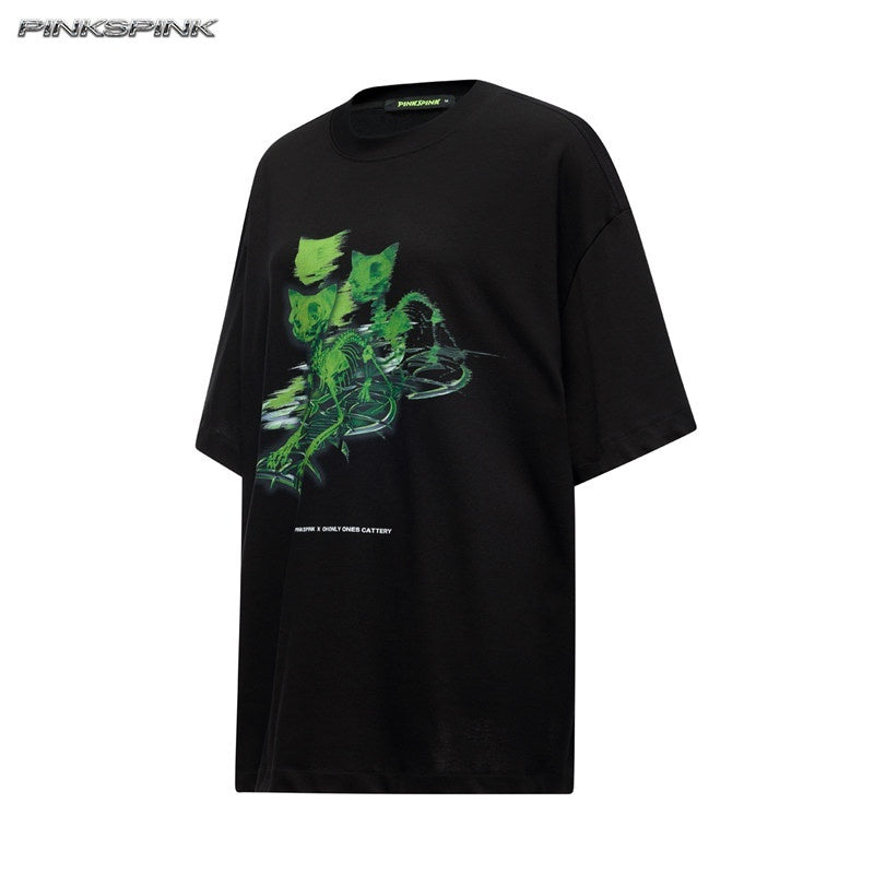 PINKSPINK_Monster_Cat_Skeleton_Print_Street_Loose_Women's_Cotton_Short_Sleeve_T-shirts_964565117967_MISSTT