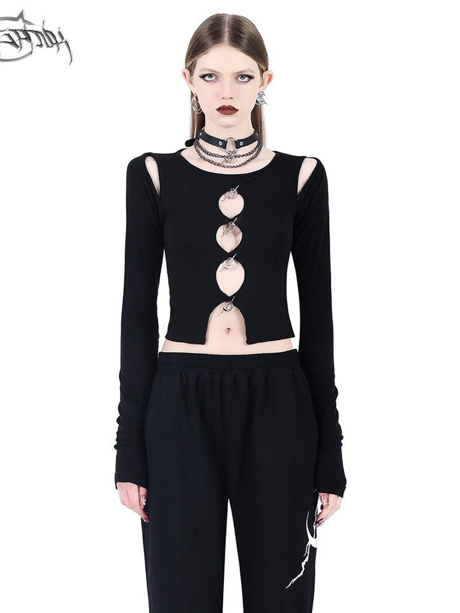 PINKSPINK Moon Pendant Cutout Low Scoop Neck Buttoned Women's Acrylic Long Sleeve T-shirts