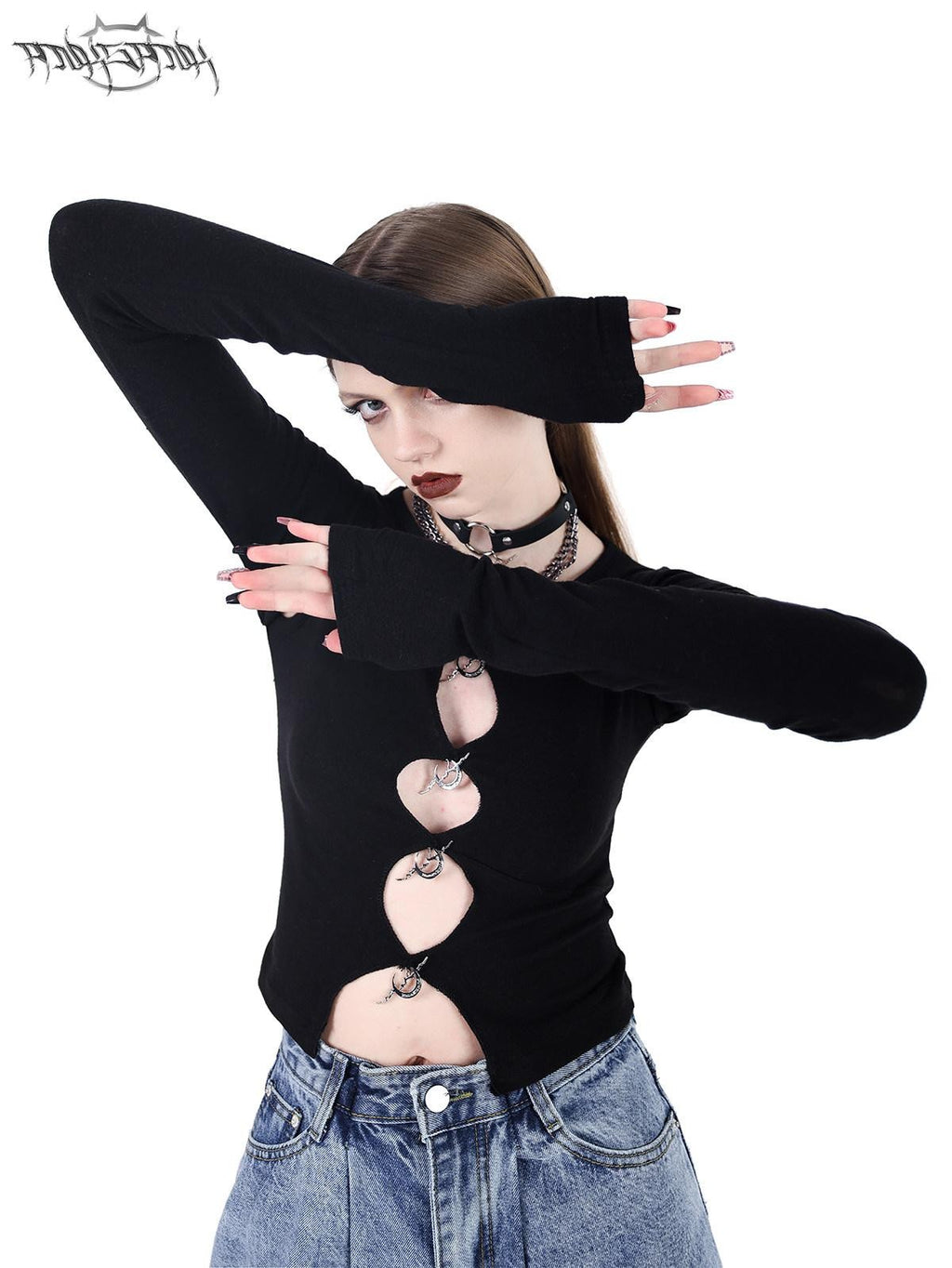 PINKSPINK Moon Pendant Cutout Low Scoop Neck Buttoned Women's Acrylic Long Sleeve T-shirts
