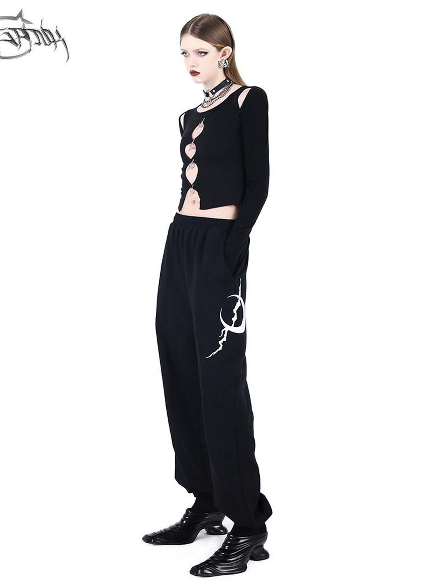 PINKSPINK Moon Pendant Cutout Low Scoop Neck Buttoned Women's Acrylic Long Sleeve T-shirts