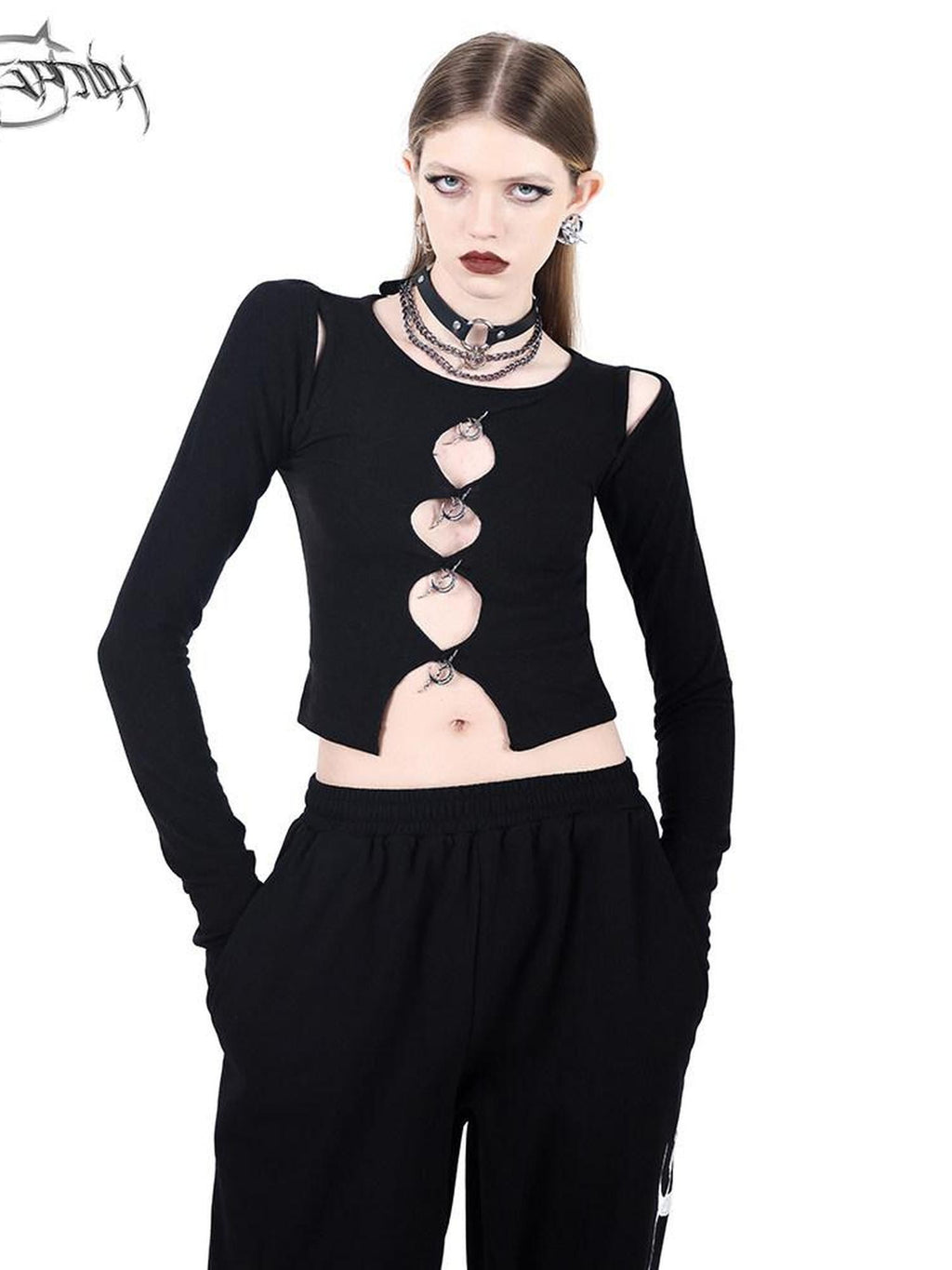 PINKSPINK Moon Pendant Cutout Low Scoop Neck Buttoned Women's Acrylic Long Sleeve T-shirts