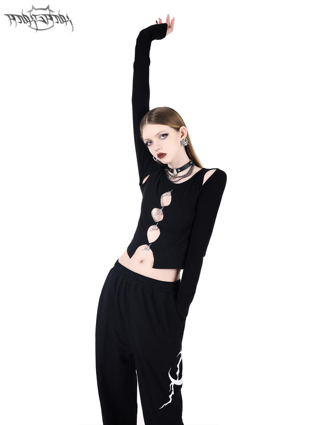 PINKSPINK Moon Pendant Cutout Low Scoop Neck Buttoned Women's Acrylic Long Sleeve T-shirts