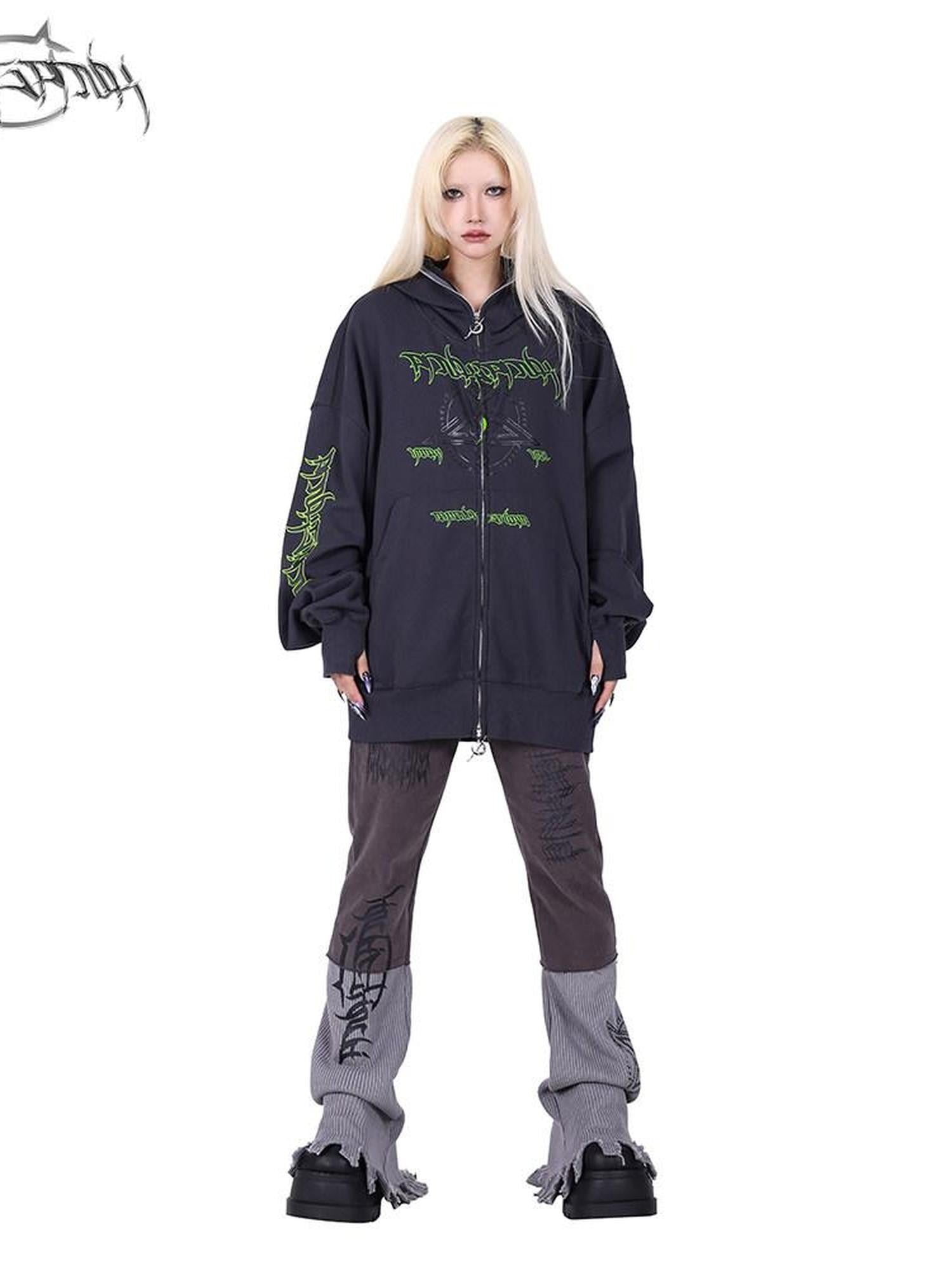 PINKSPINK Moon Star Embroidered Letter Print Double Zip Women's Cotton Zip-up Hoodies