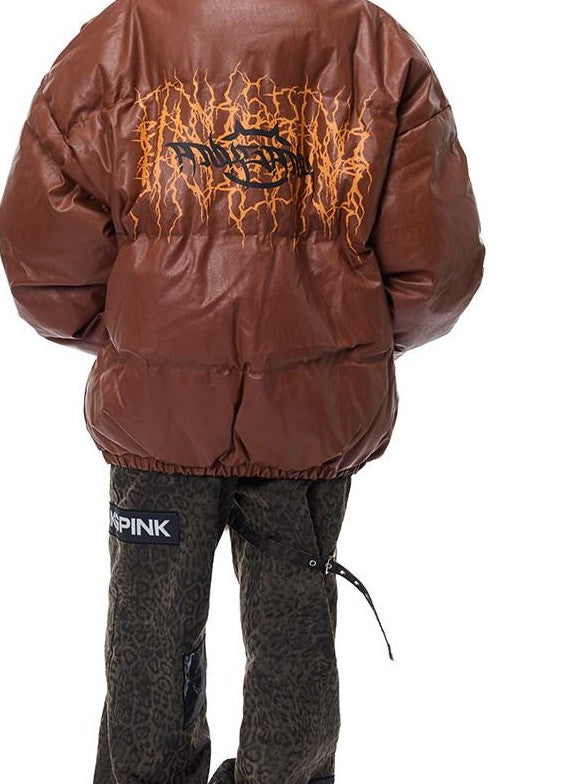 PINKSPINK Moto Pu Leather Zipper High Collar Women's Cotton Filled Puffer Jackets