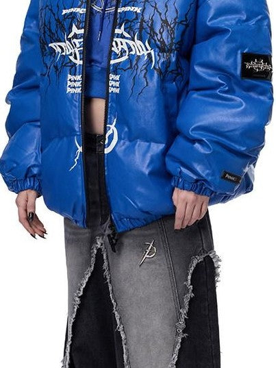PINKSPINK Moto Pu Leather Zipper High Collar Women's Cotton Filled Puffer Jackets