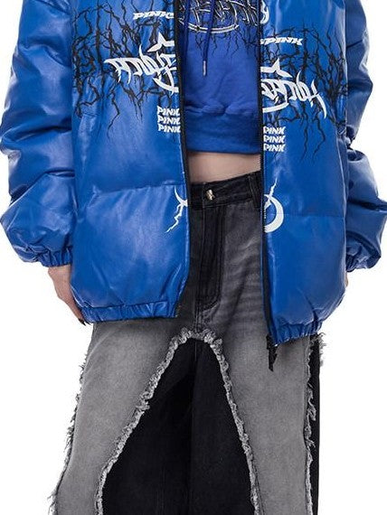 PINKSPINK Moto Pu Leather Zipper High Collar Women's Cotton Filled Puffer Jackets