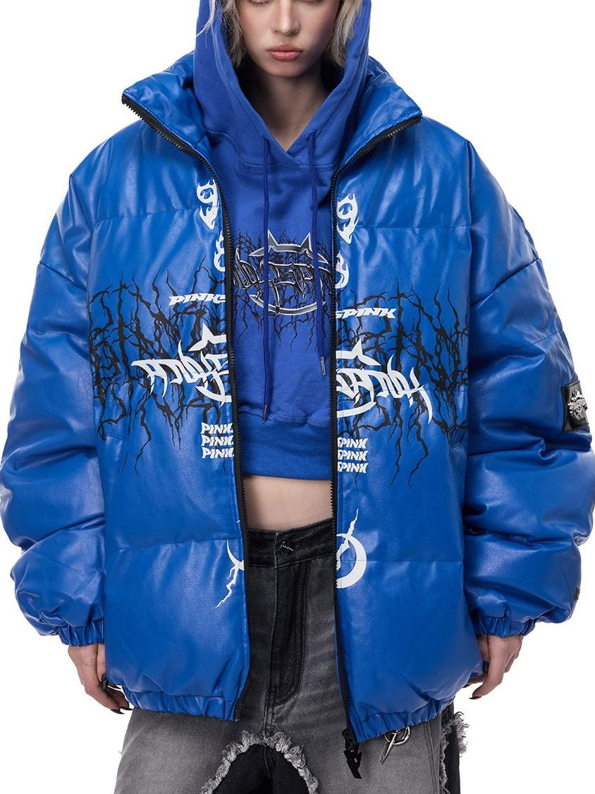 PINKSPINK Moto Pu Leather Zipper High Collar Women's Cotton Filled Puffer Jackets