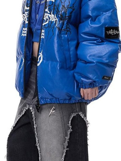 PINKSPINK Moto Pu Leather Zipper High Collar Women's Cotton Filled Puffer Jackets